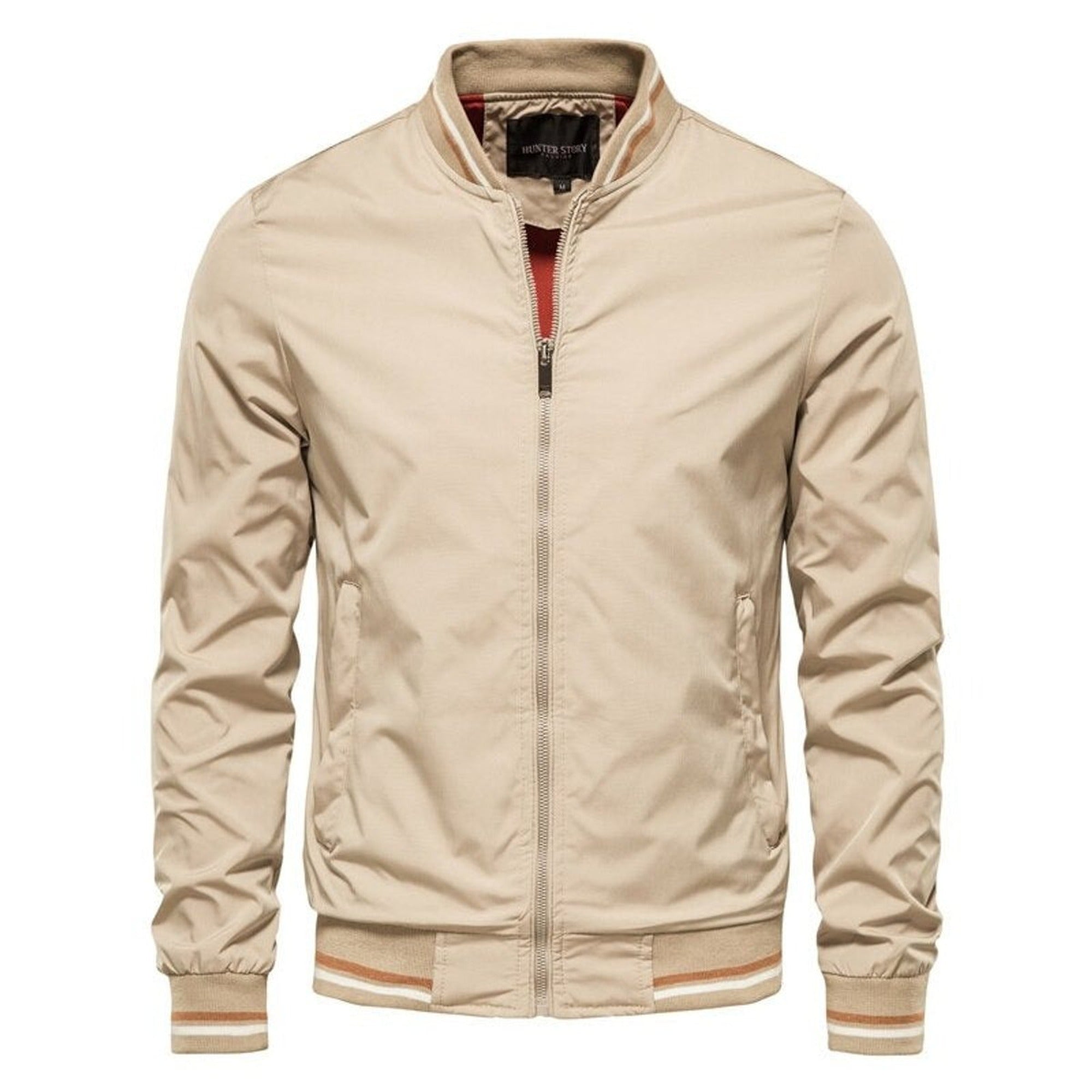 Gareth | Men's Solid Zip-Up Bomber Jacket Ribbed Collar Cuffs - Khaki