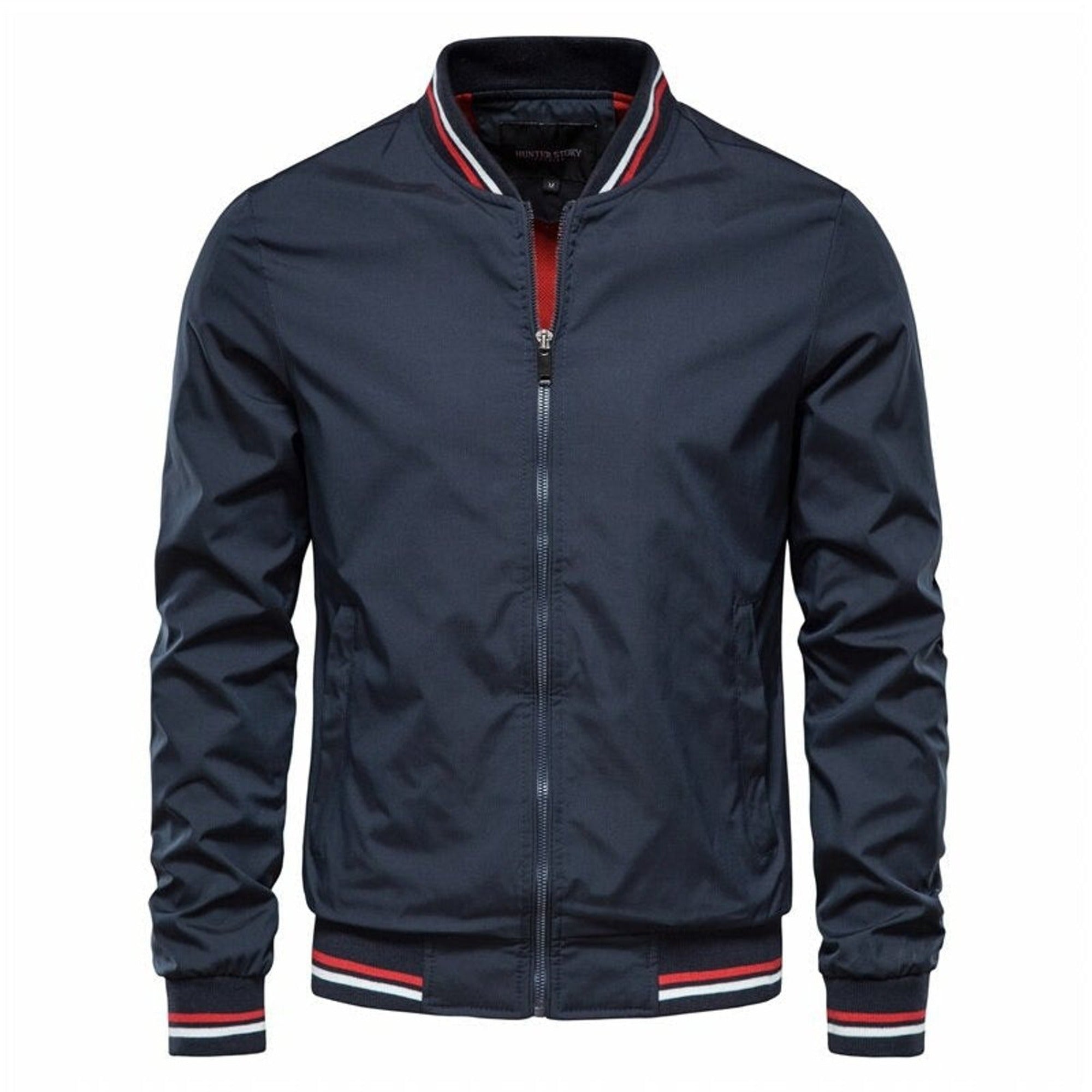 Gareth | Men's Solid Zip-Up Bomber Jacket Ribbed Collar Cuffs - Navy Blue