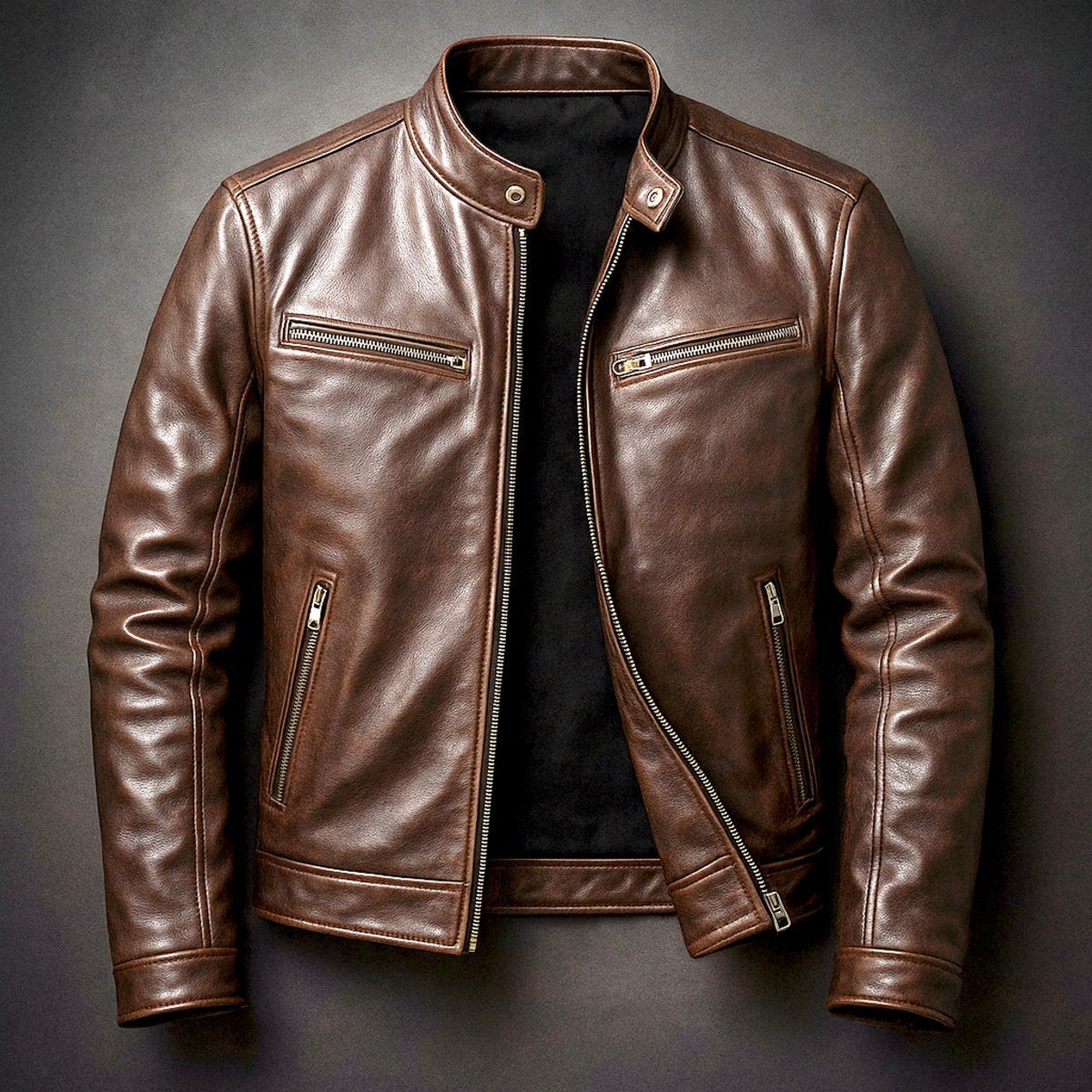 Quentin | Men's Vintage Biker Leather Jacket Full-Zip Moto Style - Cigar Brown