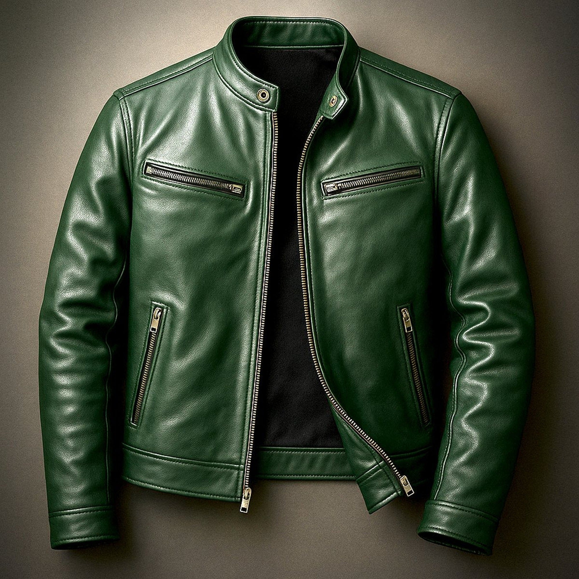 Quentin | Men's Vintage Biker Leather Jacket Full-Zip Moto Style - Forest Green