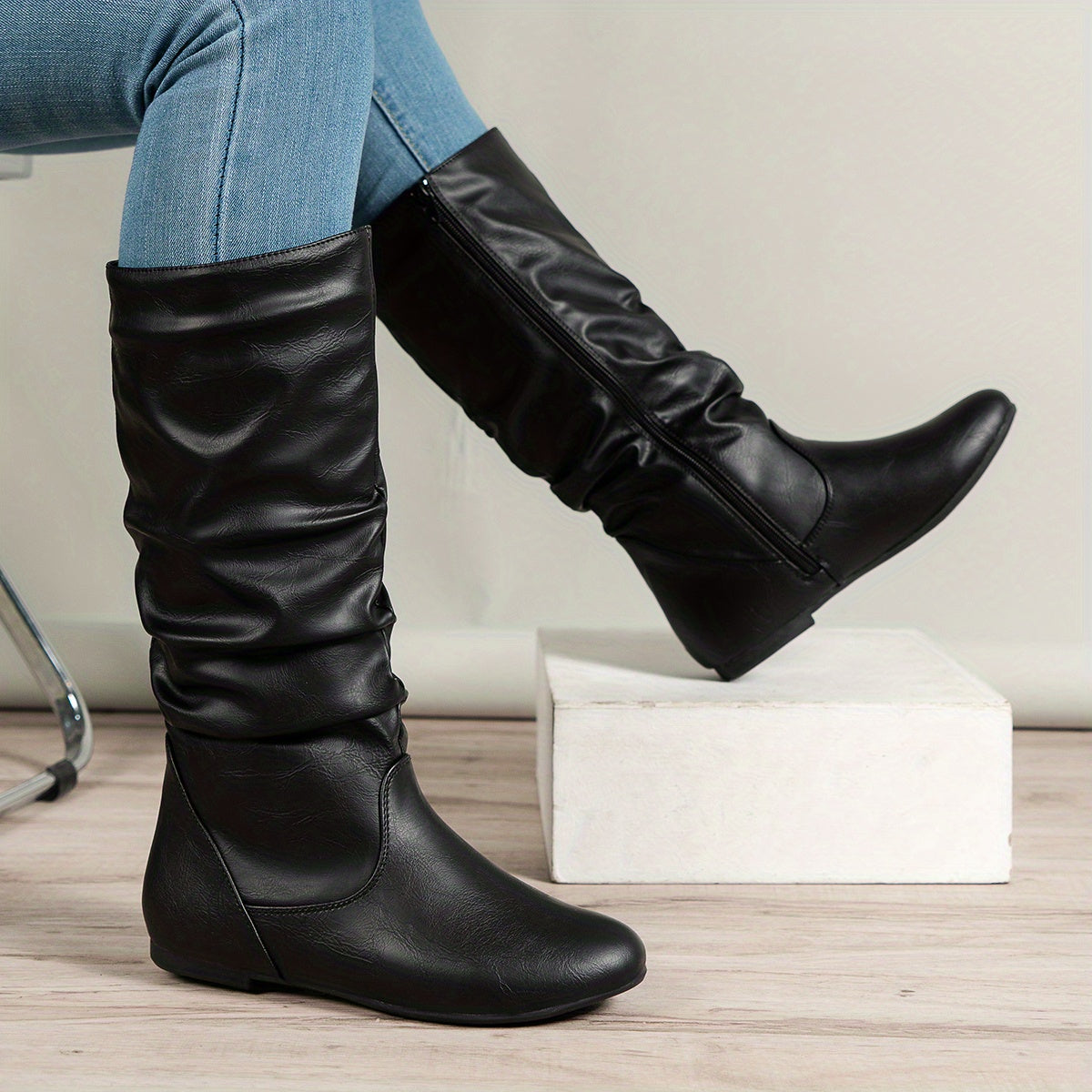 Women's Knee High Slouchy Boots – Black Flat Heel Boots
