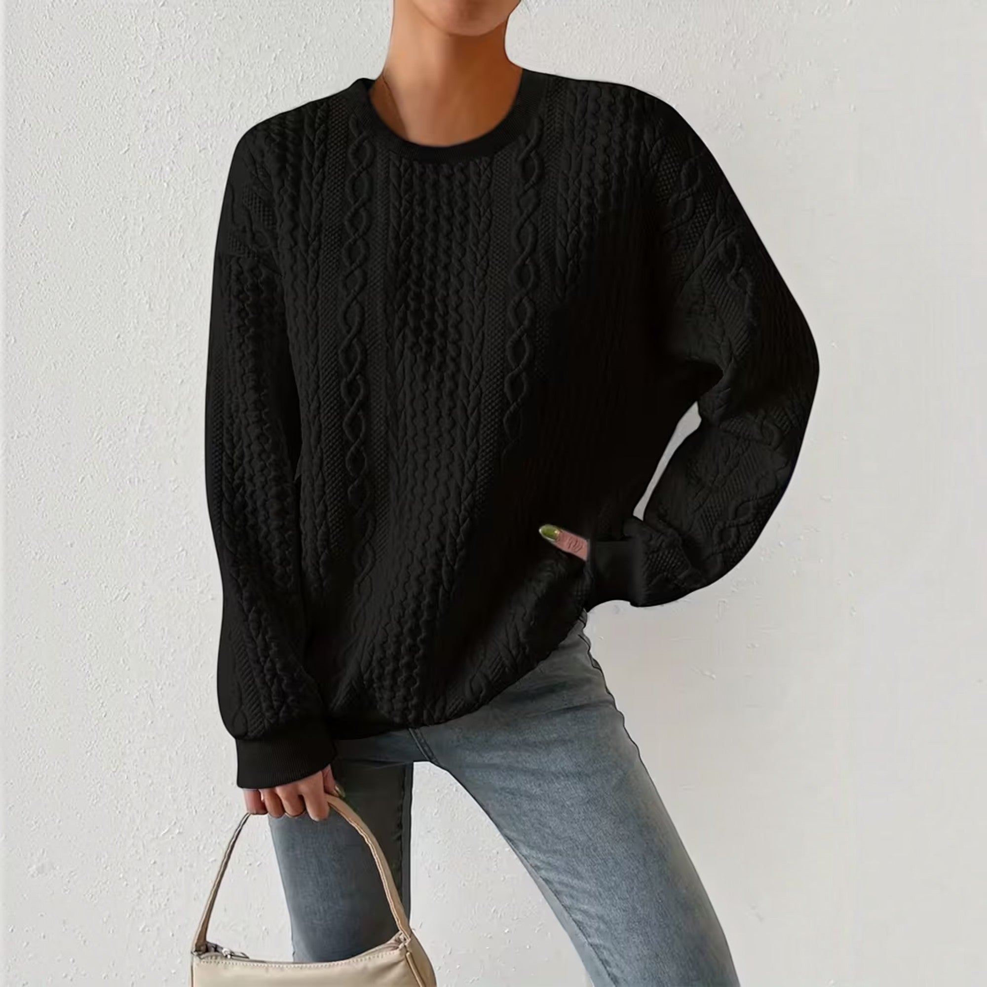 Nadia | Women's Crewneck Sweater – Textured Long Sleeve Casual Pullover