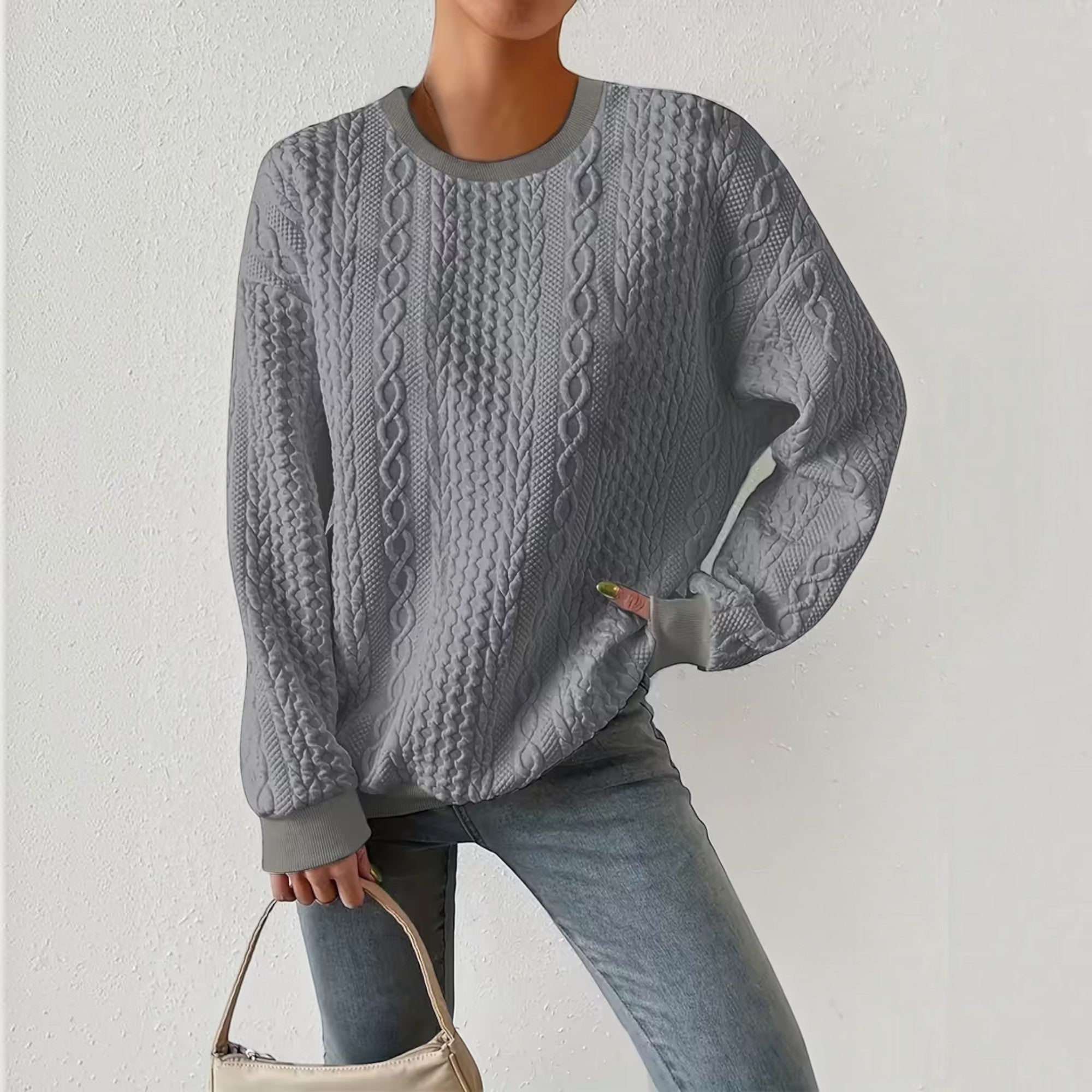 Nadia | Women's Crewneck Sweater – Textured Long Sleeve Casual Pullover