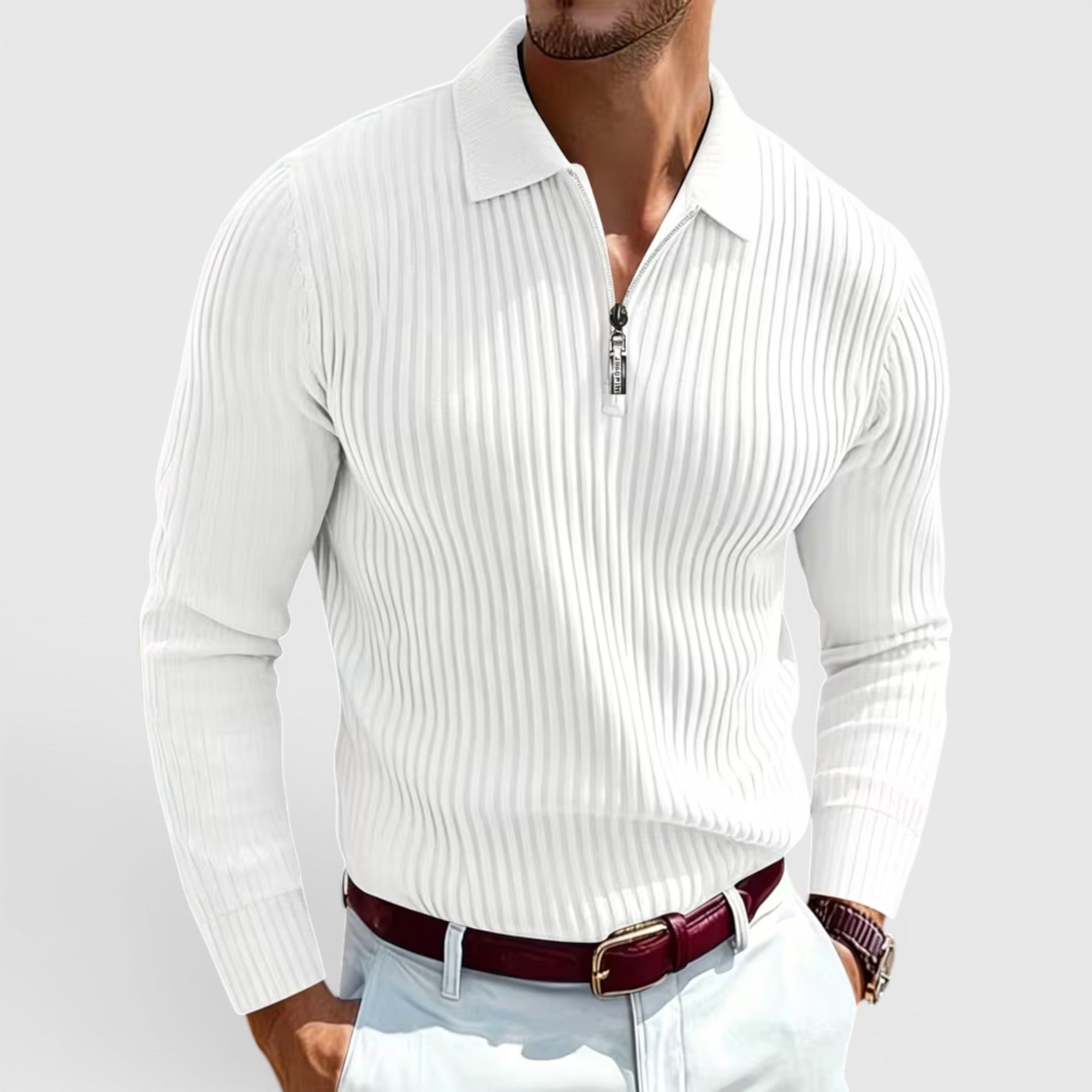 Jonah | Men's Zip Up Polo Shirt Long Sleeve Ribbed Knit Casual Top