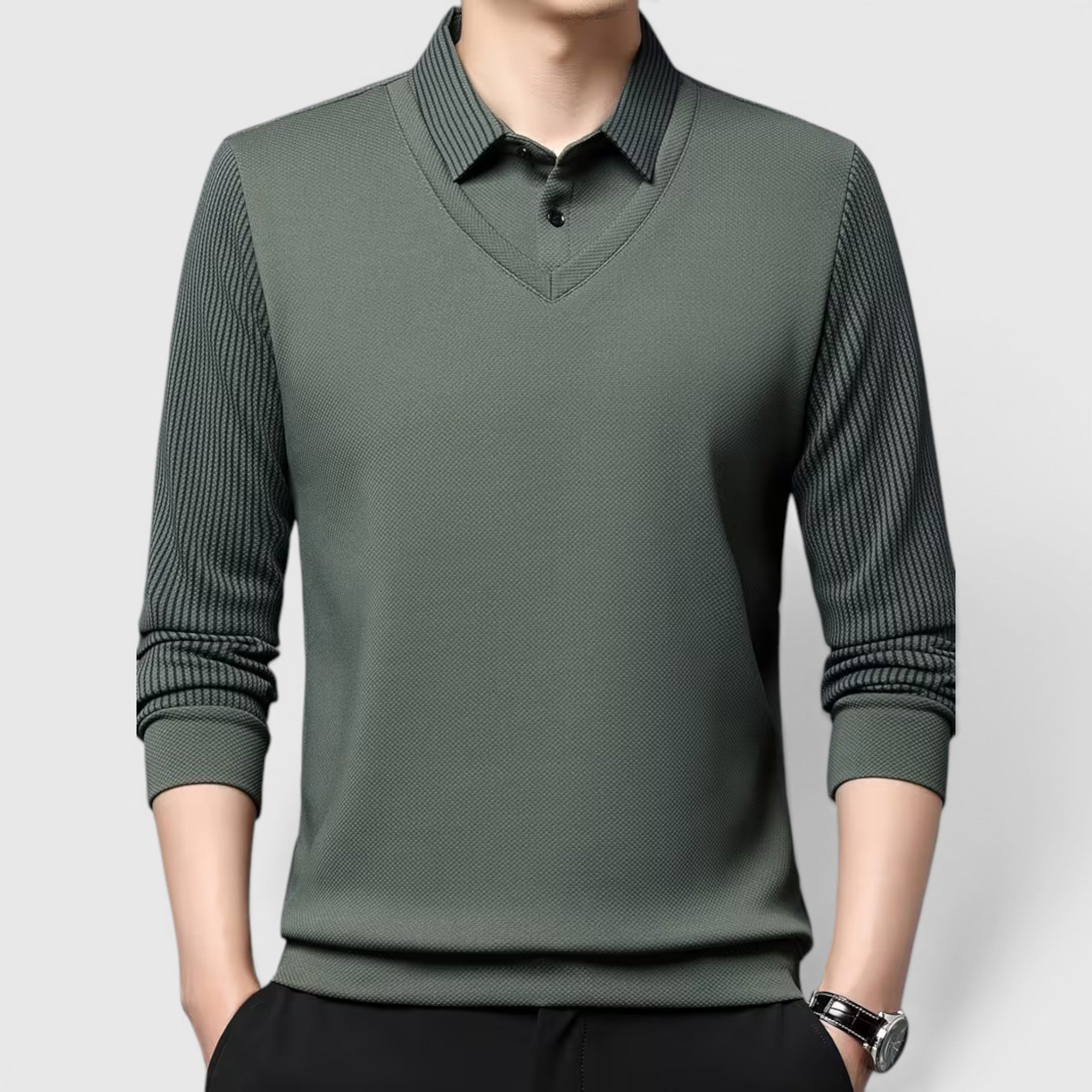 Connor | Men's V-Neck Sweater Faux Two-Piece Polo Shirt for Everyday Wear