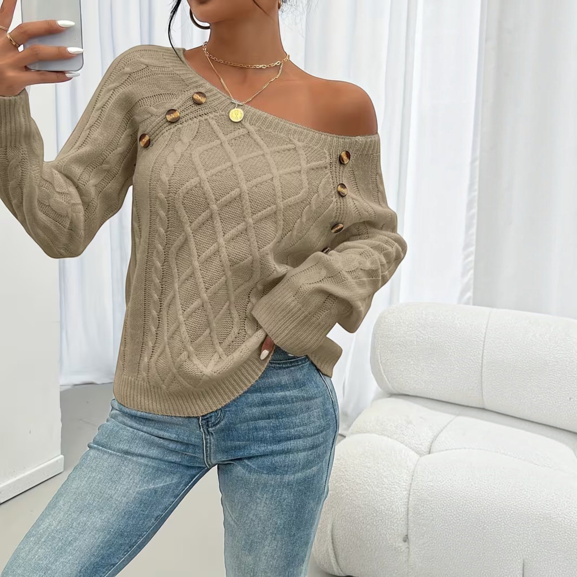 Ellmont London | Women's Soft Knit Sweater Pullover with Button Detail