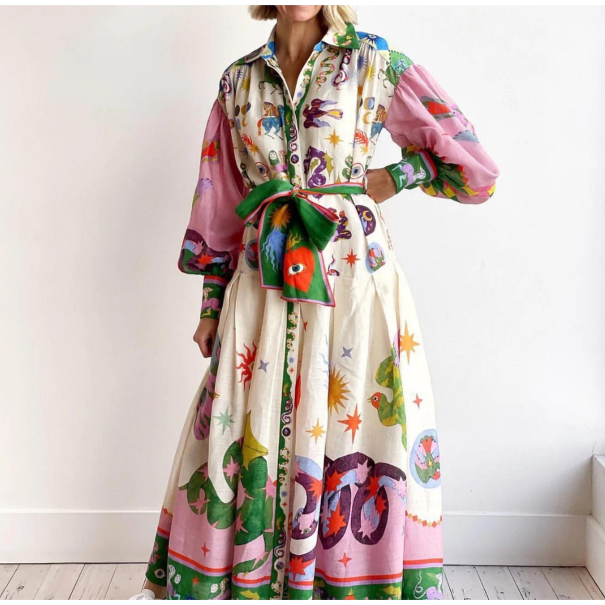 Fleur | Floral Print Balloon Sleeve Belted Shirt Maxi Dress - 3XL