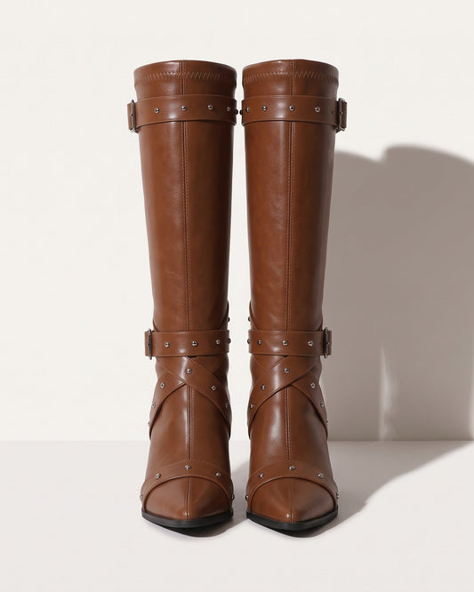 Women's Black Leather Knee High Block Heel Boots
