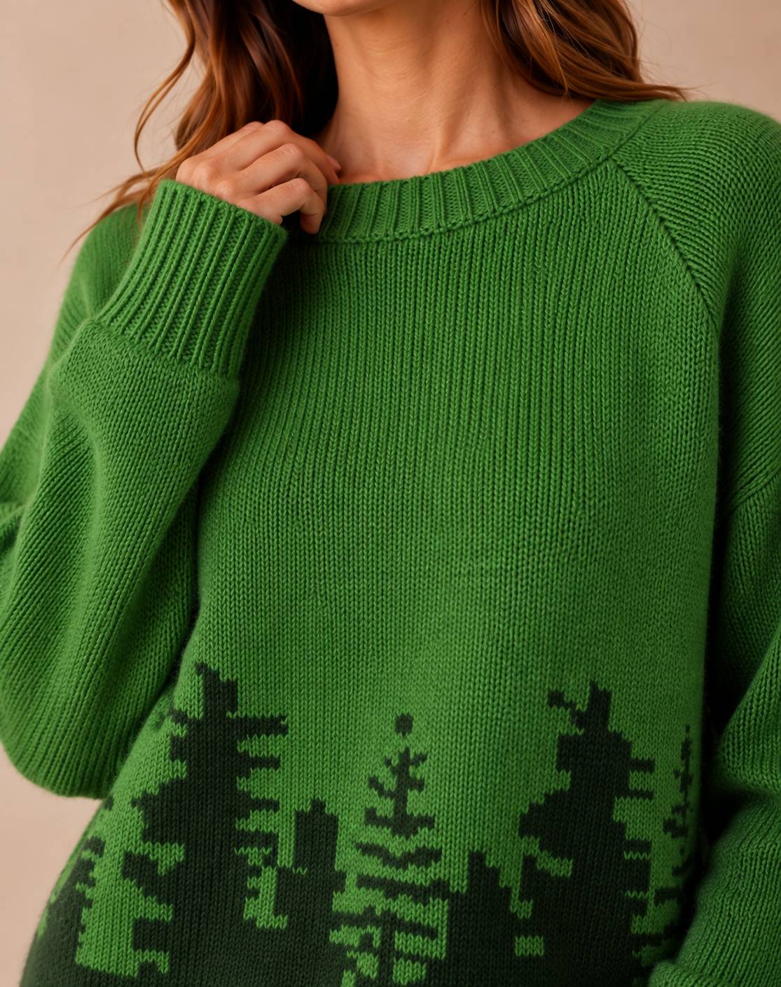 Ivy | Women's Forest Print Knit Round Neck Sweater
