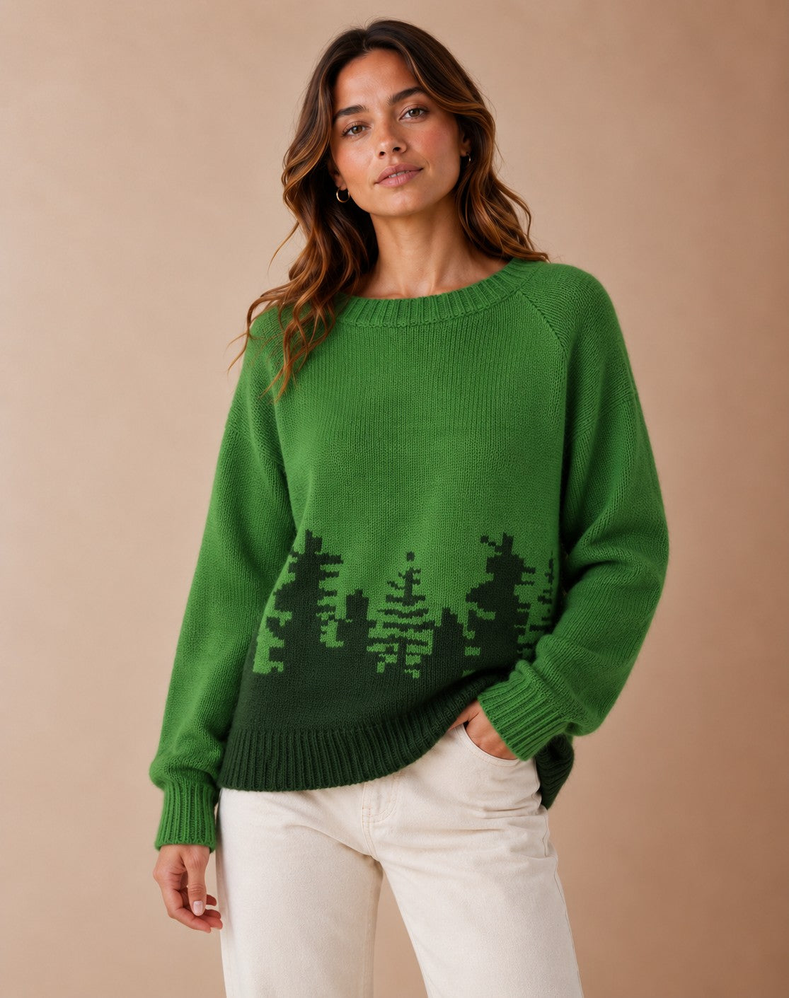 Ivy | Women's Forest Print Knit Round Neck Sweater