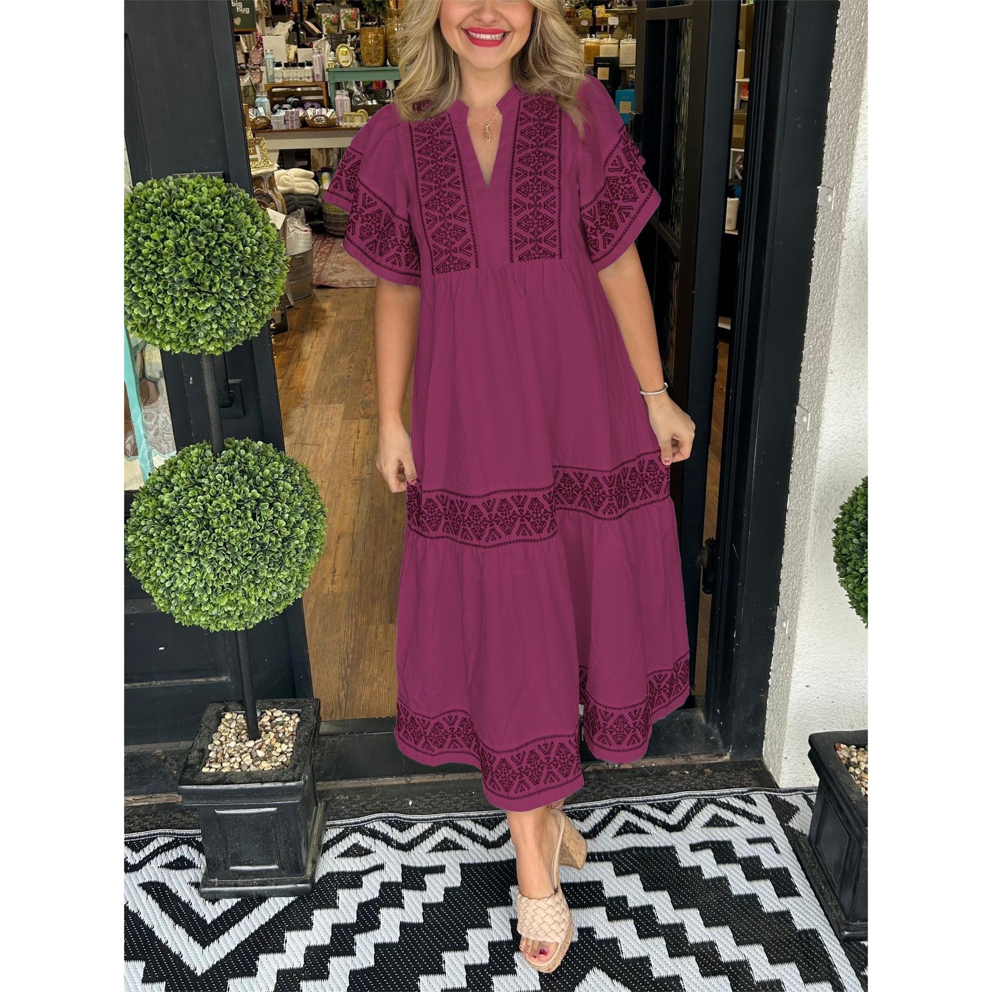 Gracie | Hanna - Elegant Boho Dress - Wine Red