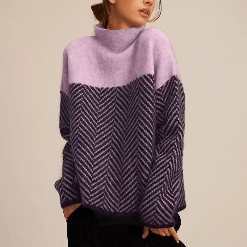 Women's Knitted Jumper with Pattern and High Collar