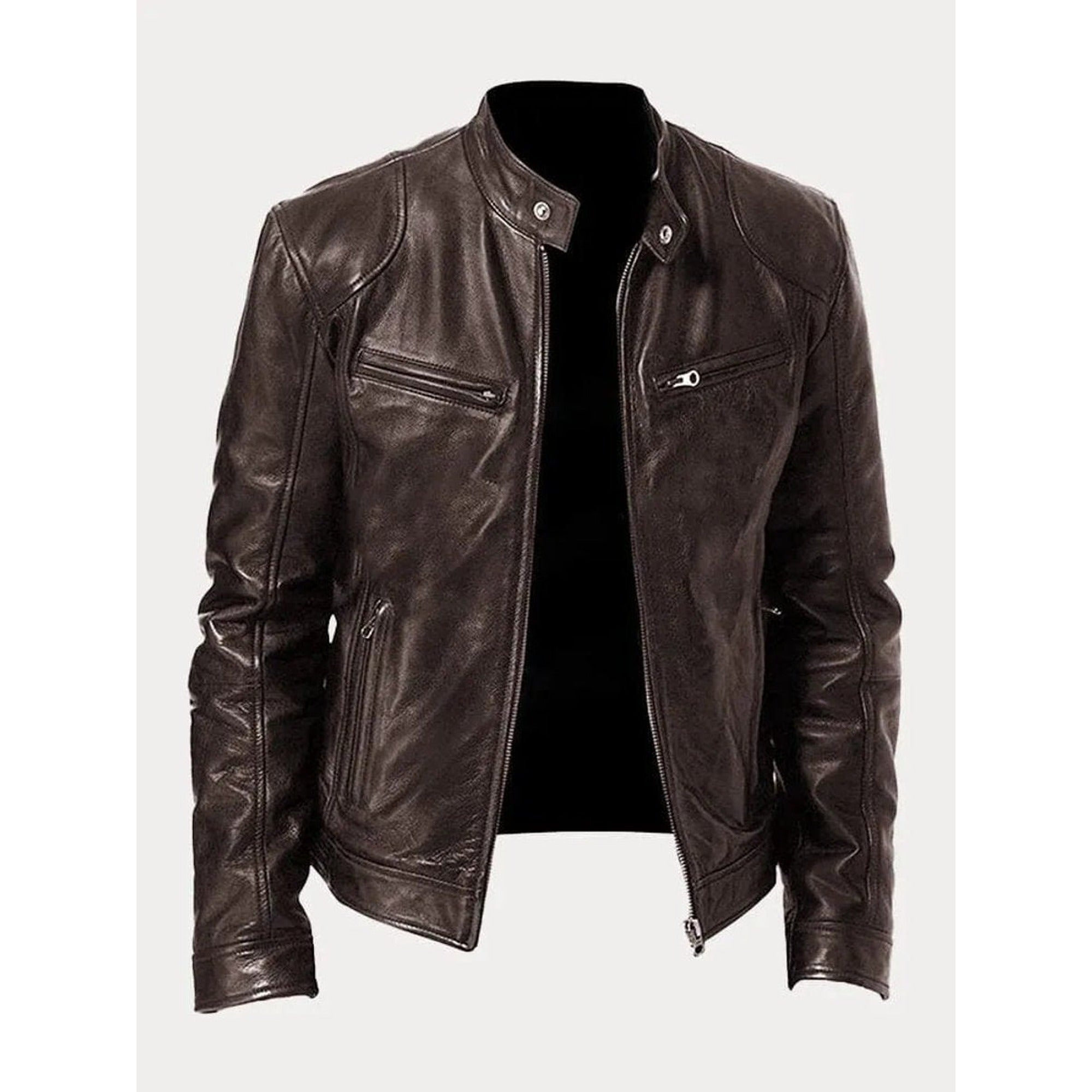 Peter | Men's Slim-Fit Moto Leather Mens Quilted Jacket Stand Collar - Brown