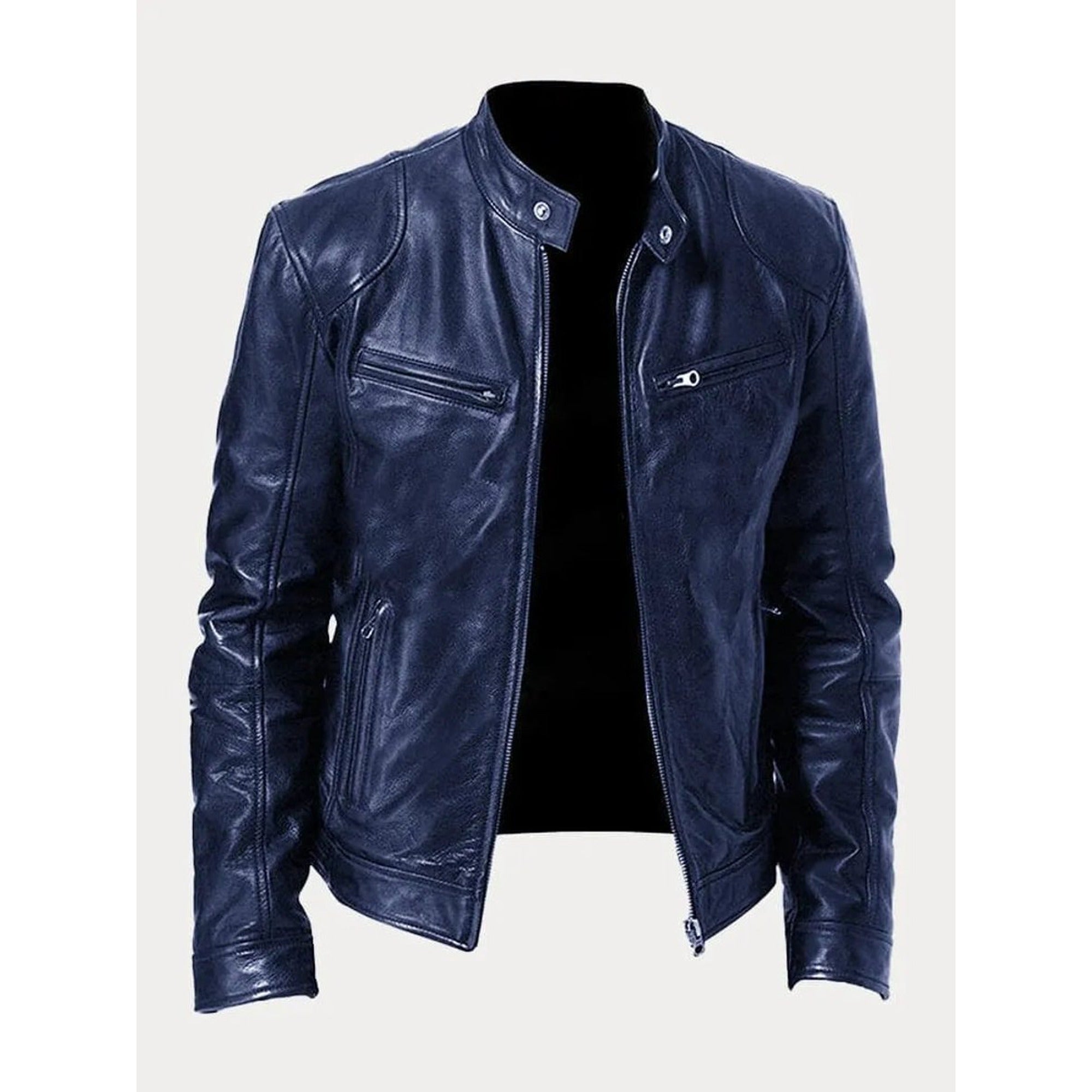 Peter | Men's Slim-Fit Moto Leather Mens Quilted Jacket Stand Collar - Dark Blue