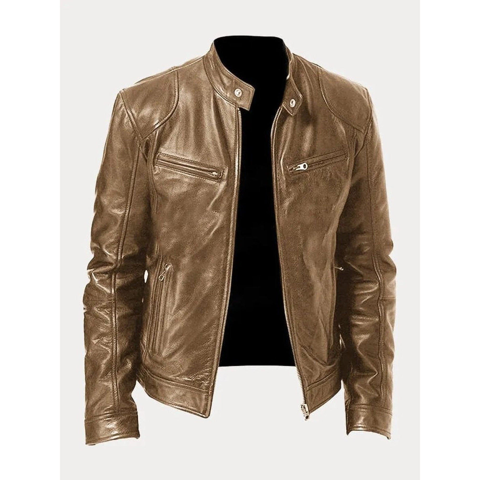 Peter | Men's Slim-Fit Moto Leather Mens Quilted Jacket Stand Collar - Khaki