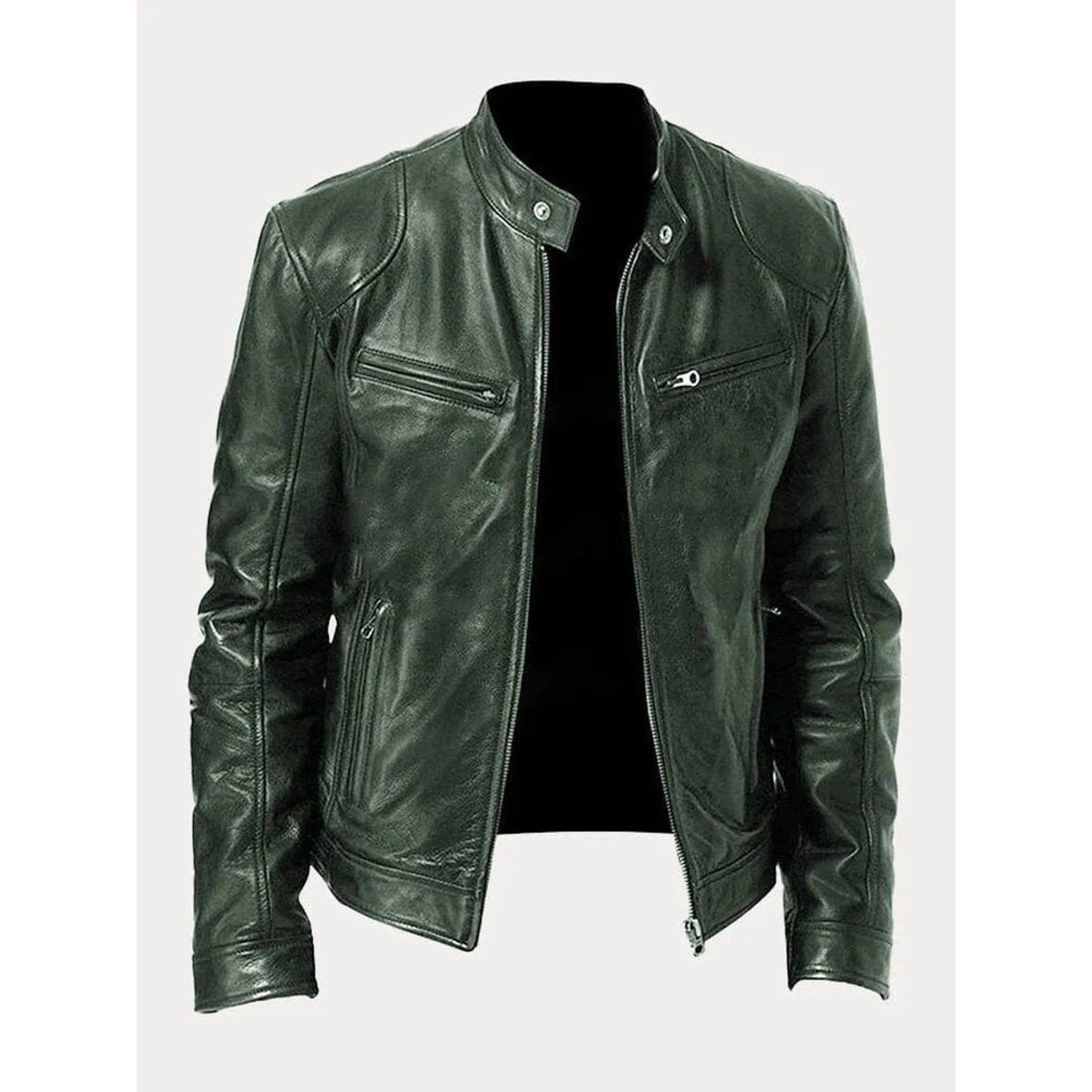 Peter | Men's Slim-Fit Moto Leather Mens Quilted Jacket Stand Collar - Military Green