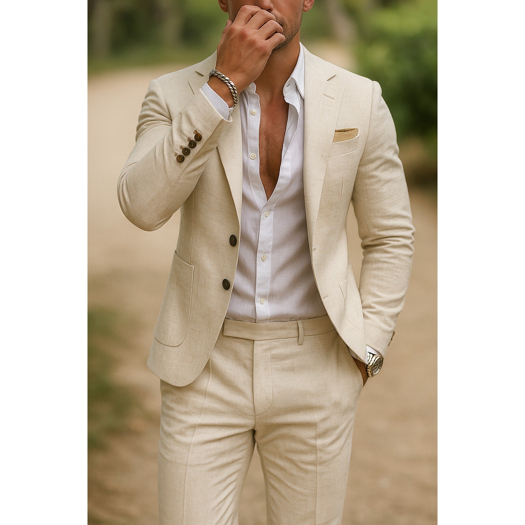 Emma 2 | Heren Blazer Broek Set Met Slim Fit En Zakdetail - Beige
