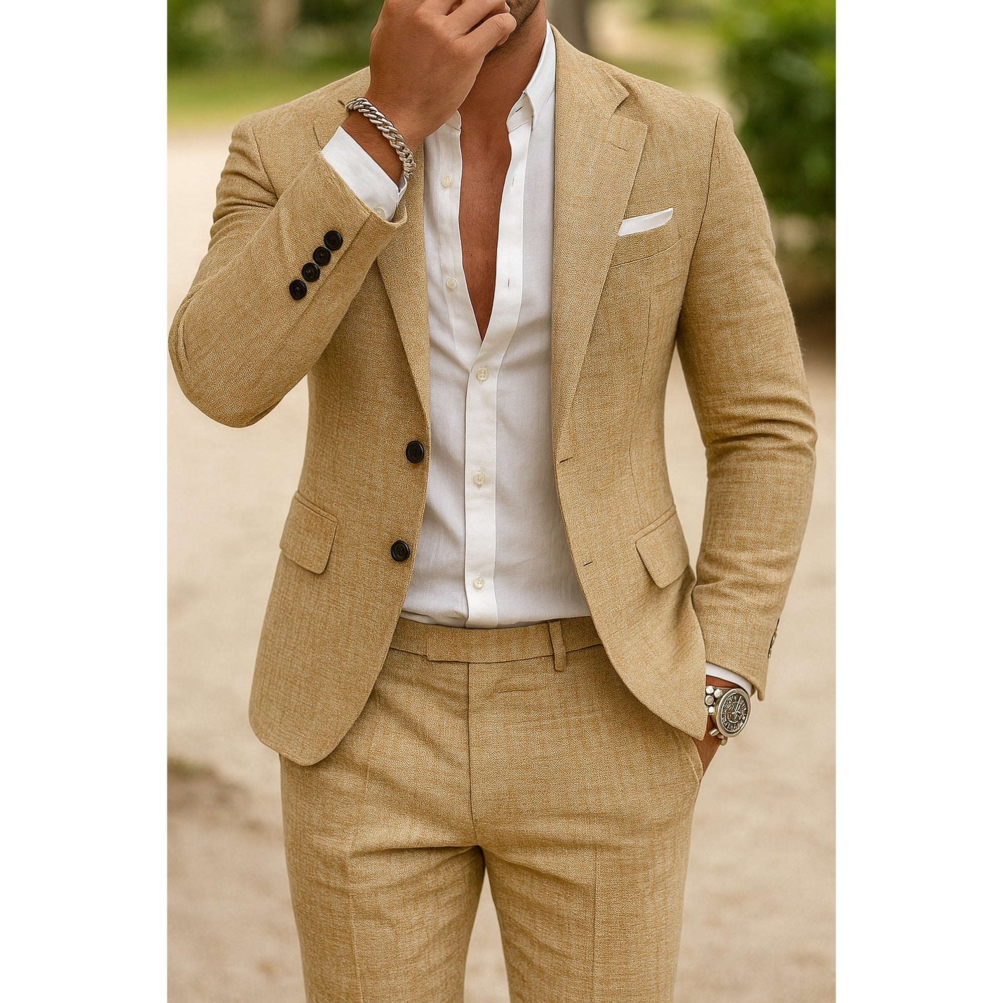 Emma 2 | Heren Blazer Broek Set Met Slim Fit En Zakdetail - Khaki