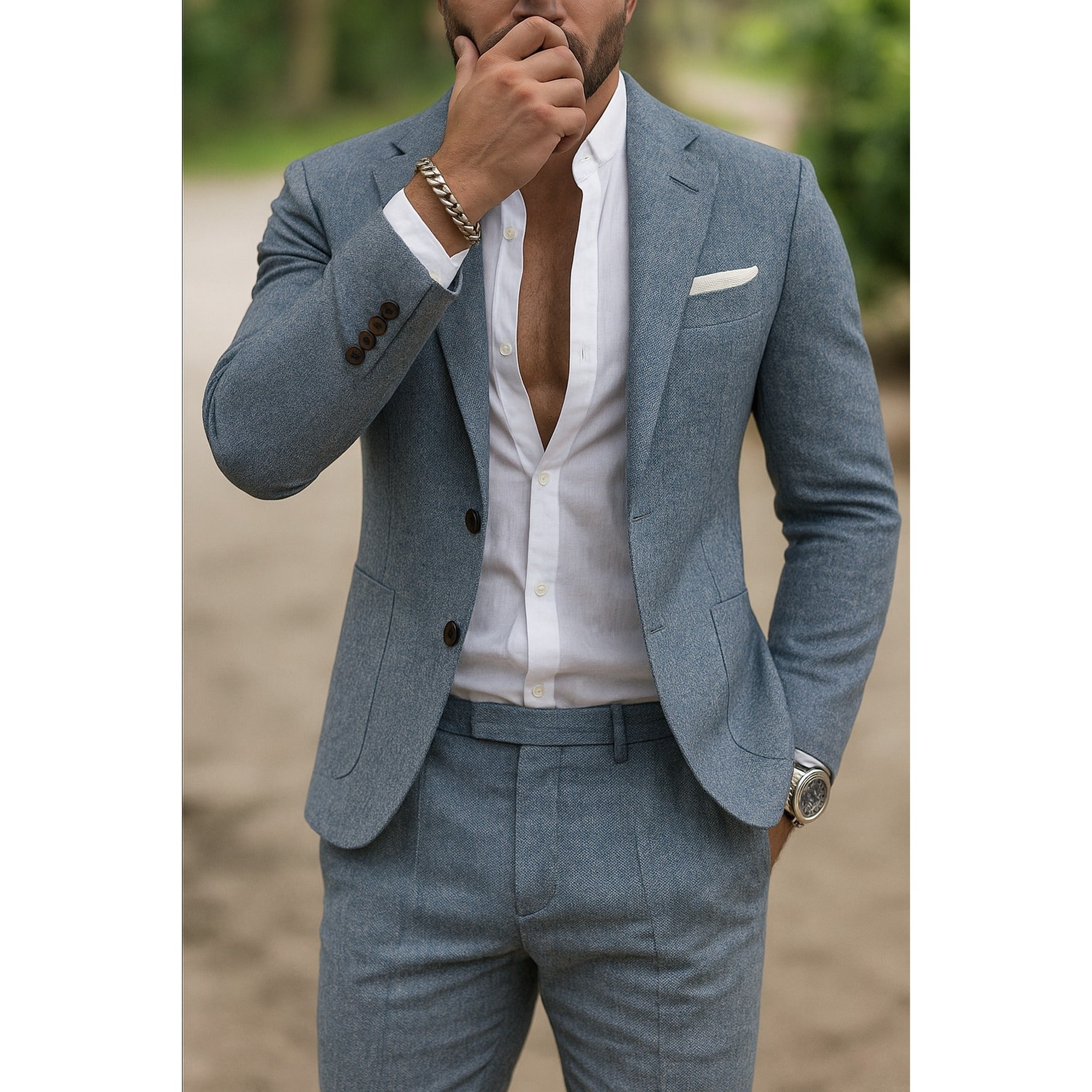 Emma 2 | Heren Blazer Broek Set Met Slim Fit En Zakdetail - Lichtblauw