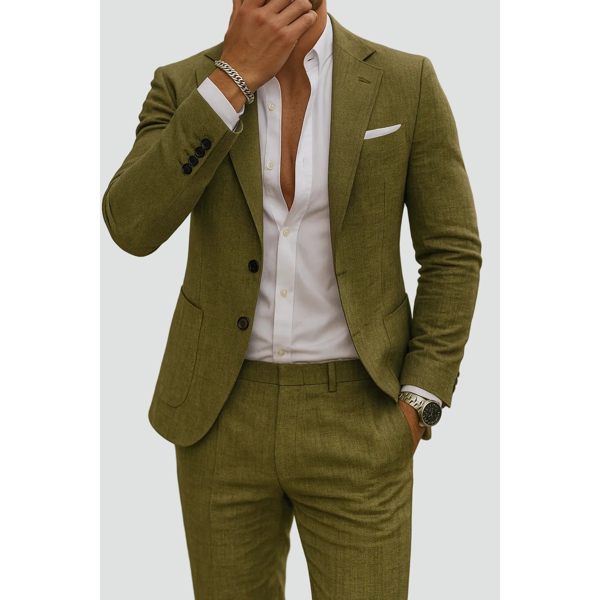 Emma 2 | Heren Blazer Broek Set Met Slim Fit En Zakdetail - Olijfgroen