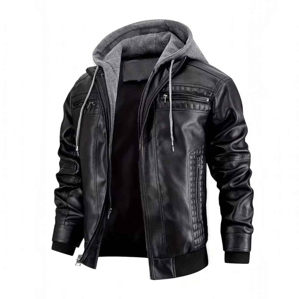 Ellmont London | Men's Leather Look Bomber Jacket with Hood and Zip Closure