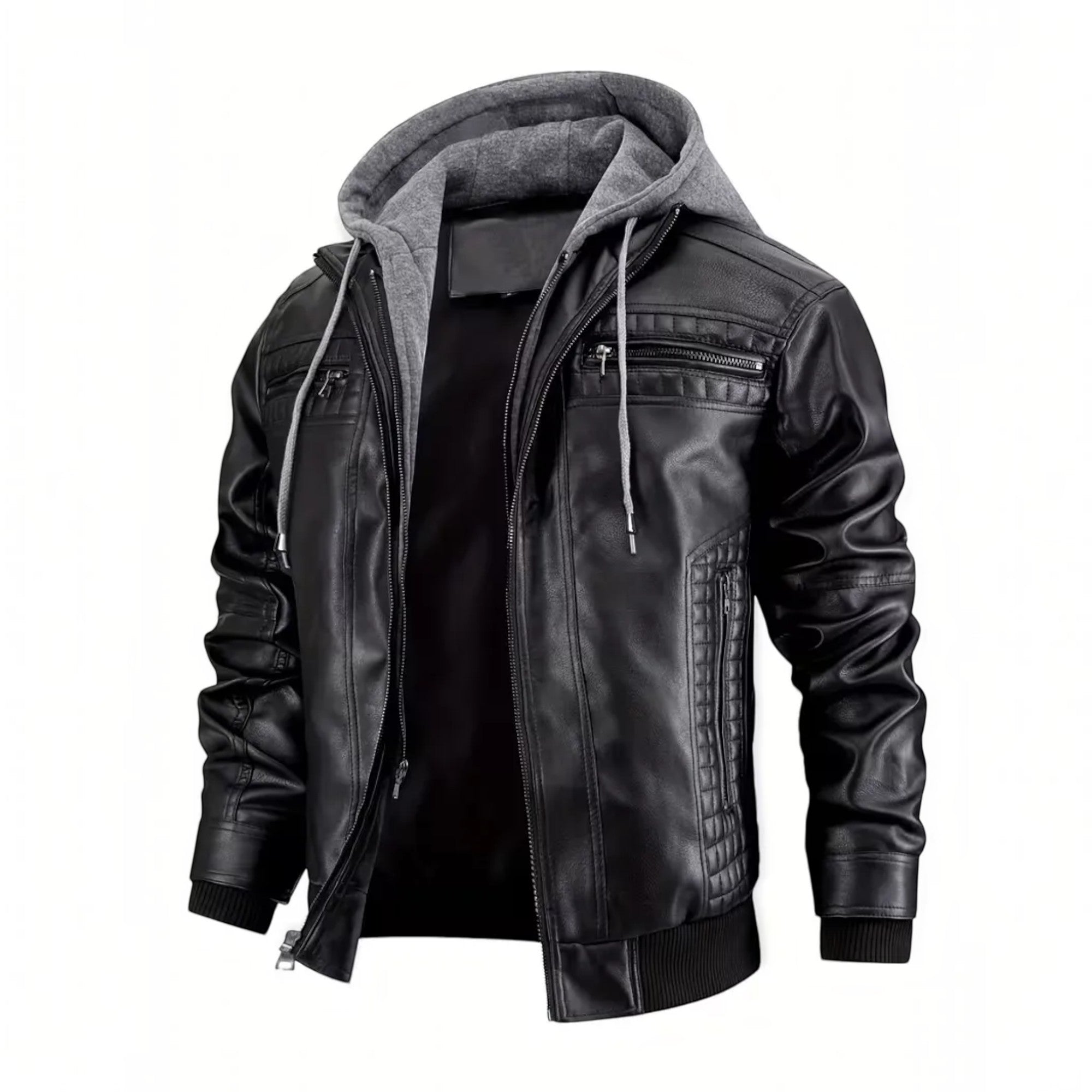 Ellmont London | Men's Leather Look Bomber Jacket with Hood and Zip Closure