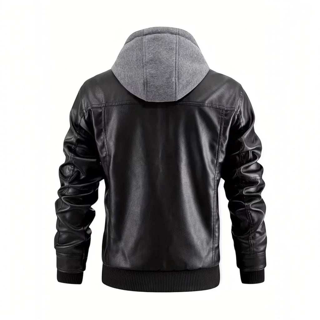 Ellmont London | Men's Leather Look Bomber Jacket with Hood and Zip Closure
