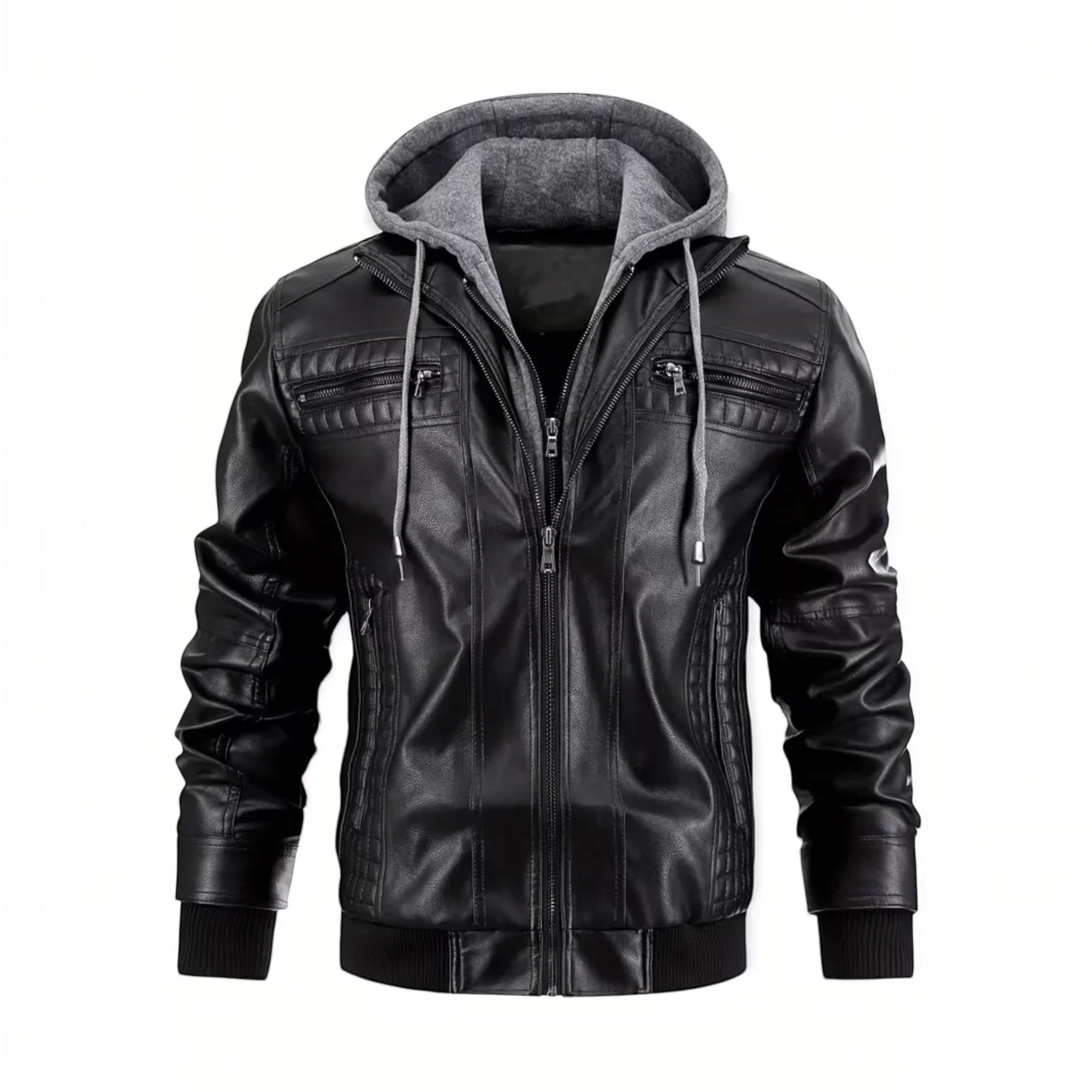 Ellmont London | Men's Leather Look Bomber Jacket with Hood and Zip Closure