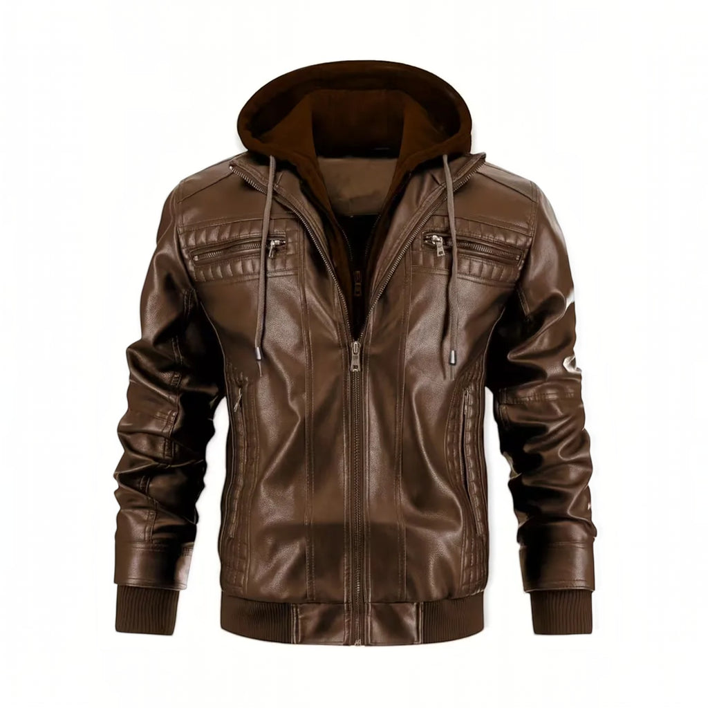 Ellmont London | Men's Leather Look Bomber Jacket with Hood and Zip Closure