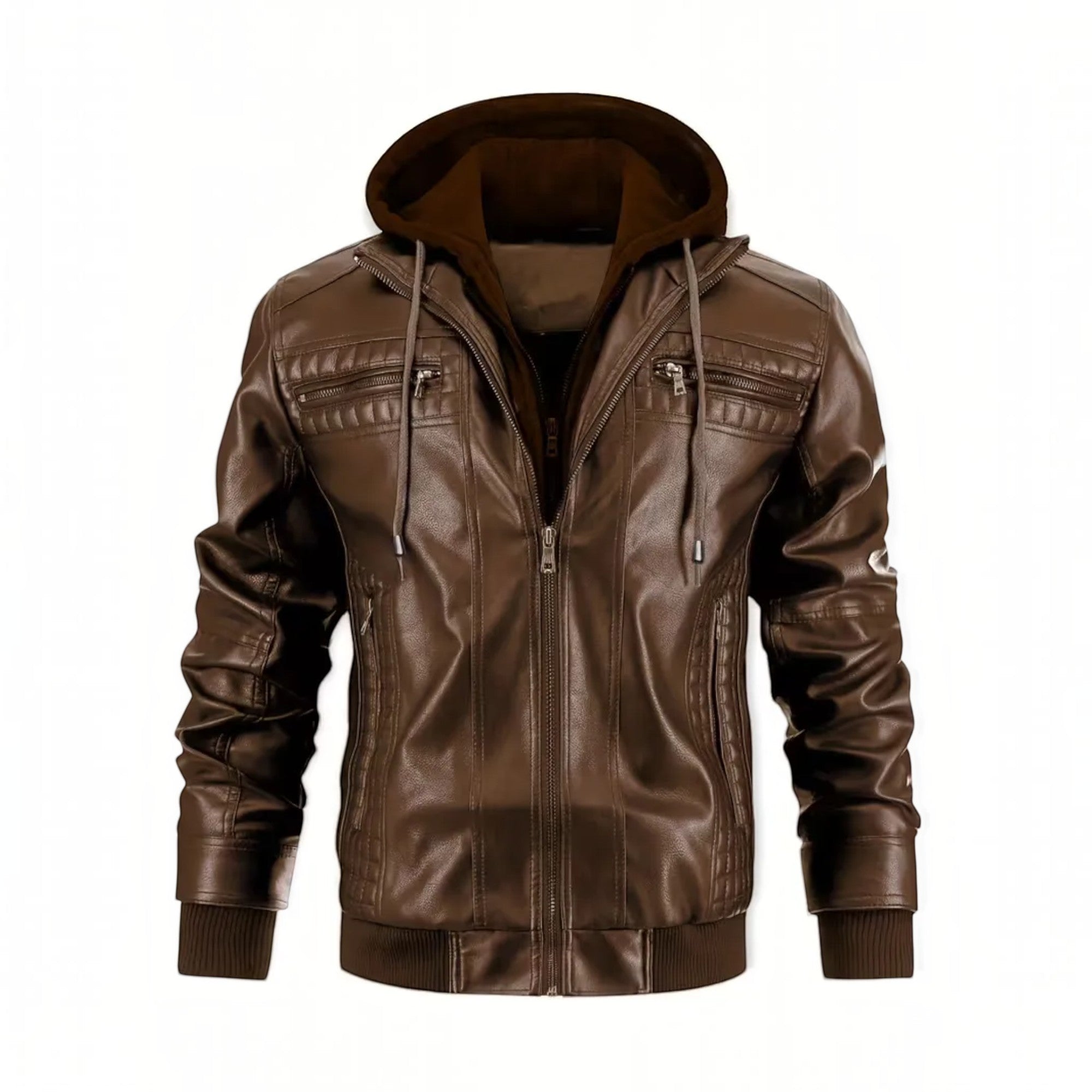 Ellmont London | Men's Leather Look Bomber Jacket with Hood and Zip Closure