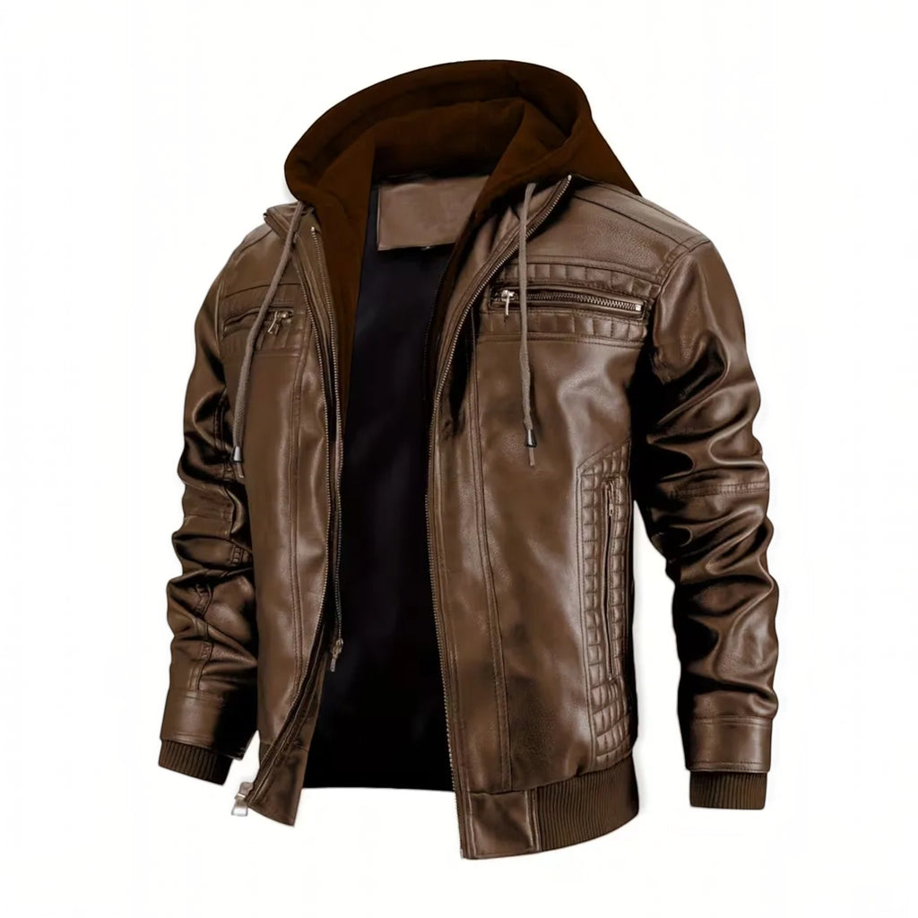 Ellmont London | Men's Leather Look Bomber Jacket with Hood and Zip Closure