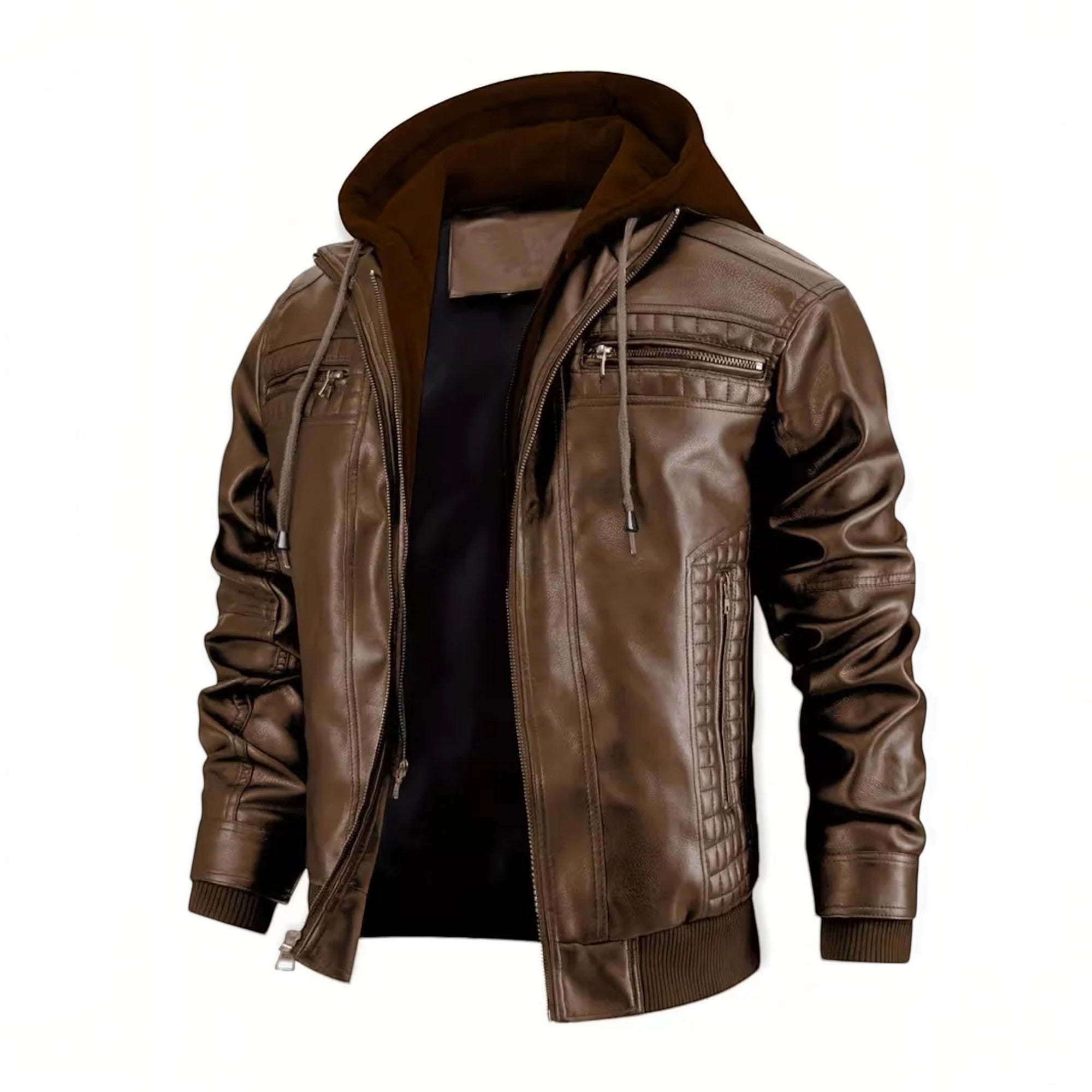 Ellmont London | Men's Leather Look Bomber Jacket with Hood and Zip Closure