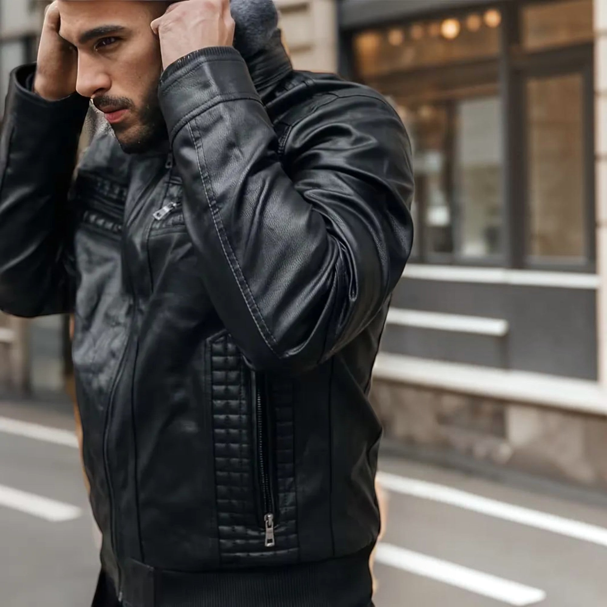 Ellmont London | Men's Leather Look Bomber Jacket with Hood and Zip Closure
