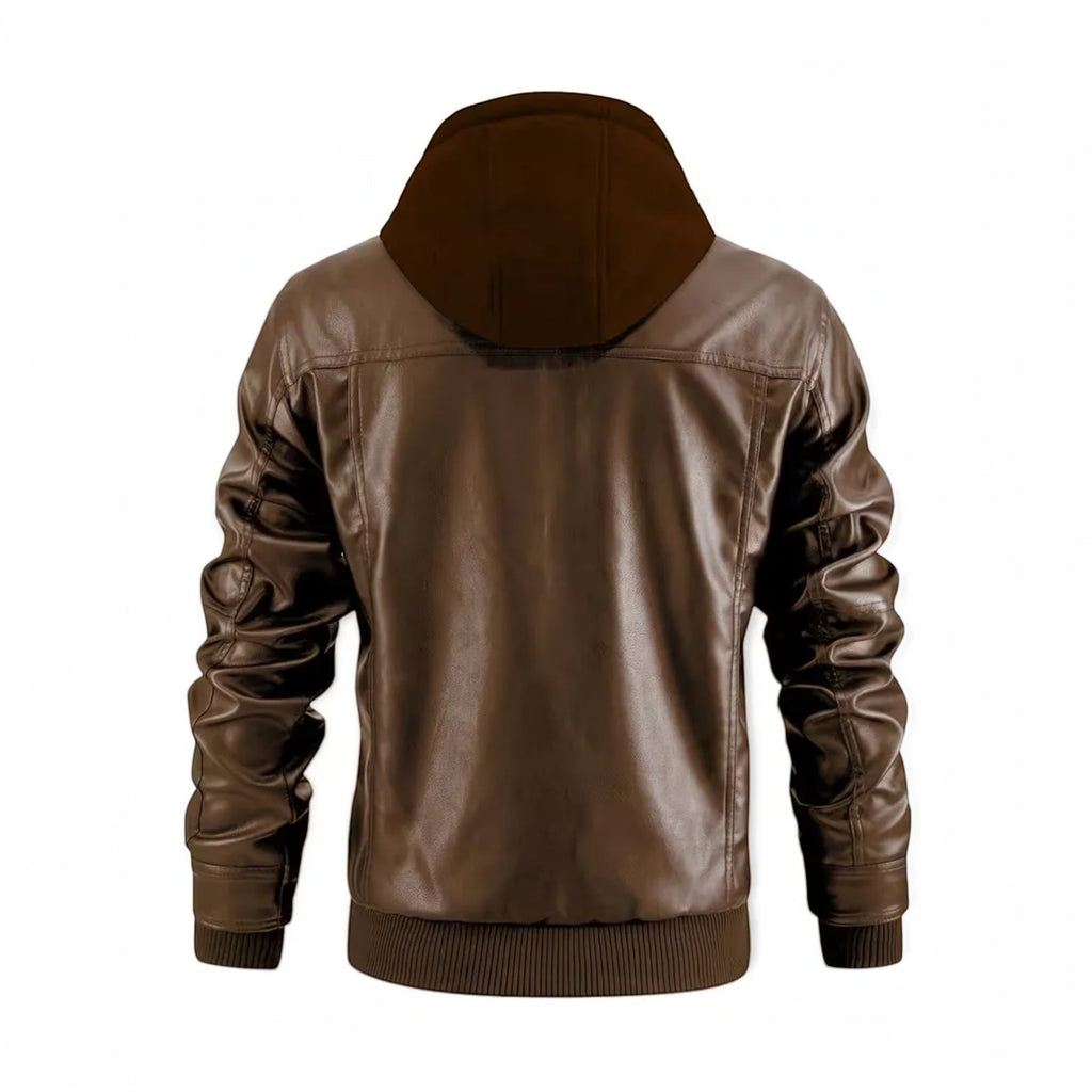 Ellmont London | Men's Leather Look Bomber Jacket with Hood and Zip Closure