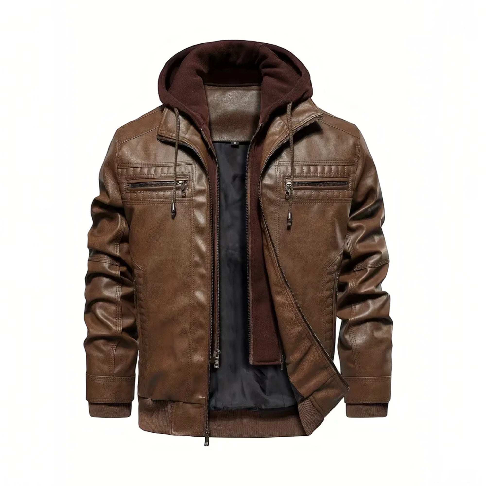 Ellmont London | Men's Leather Look Bomber Jacket with Hood and Zip Closure
