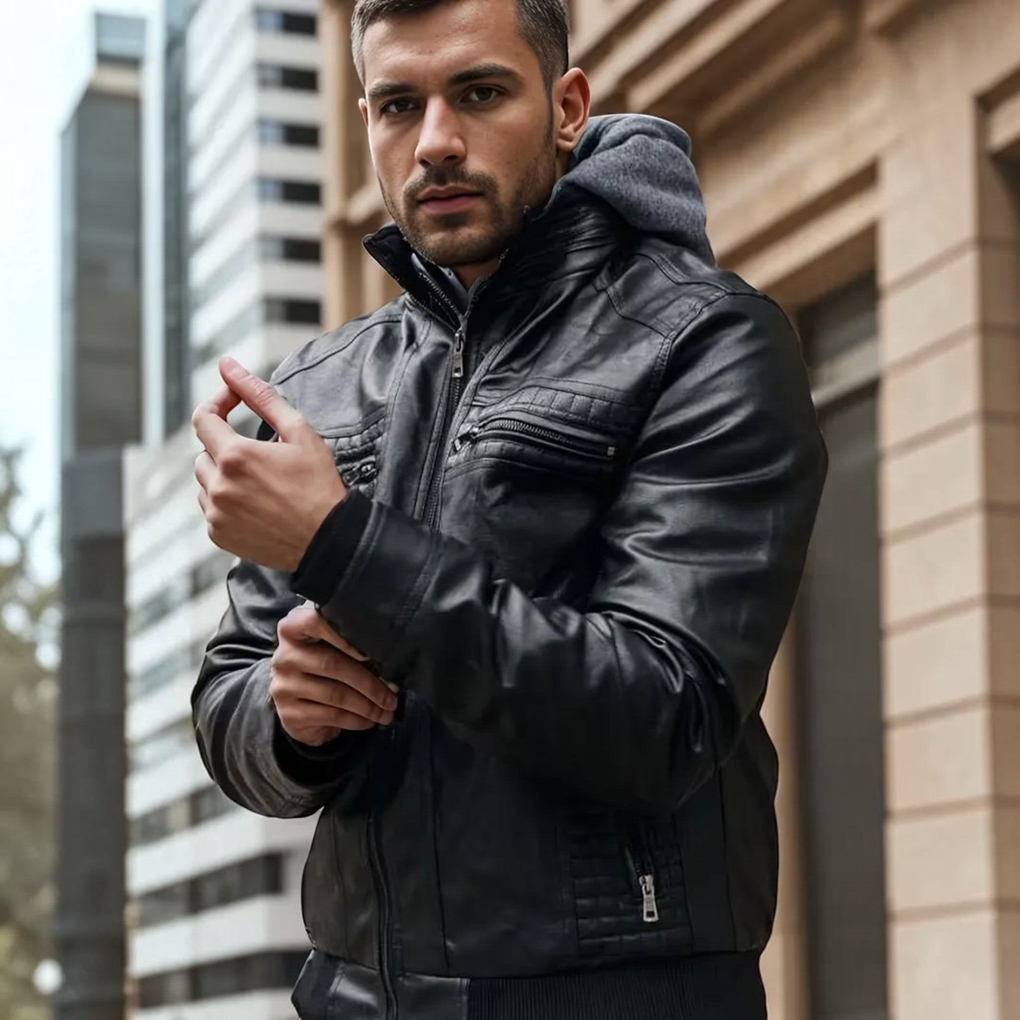 Ellmont London | Men's Leather Look Bomber Jacket with Hood and Zip Closure