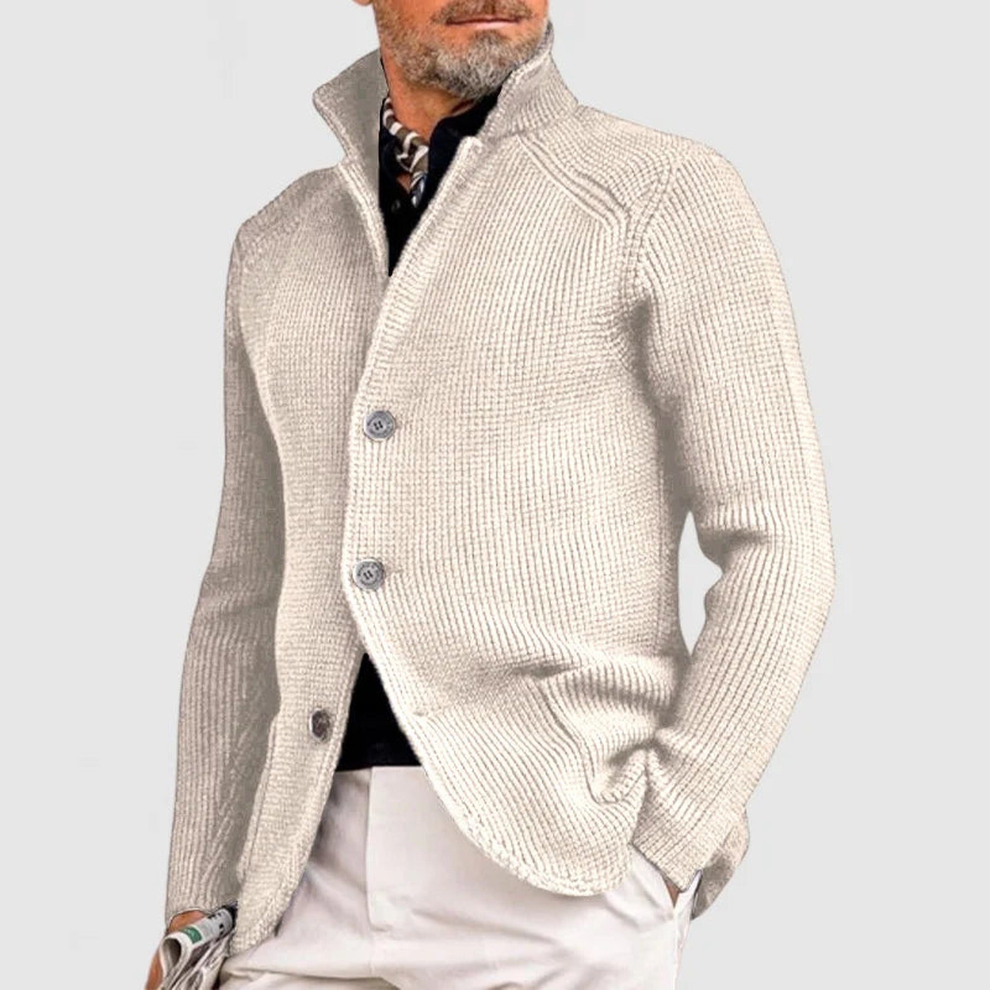 Noah 2 | Men's Stand Collar Button-Front Knit Cardigan - Beige