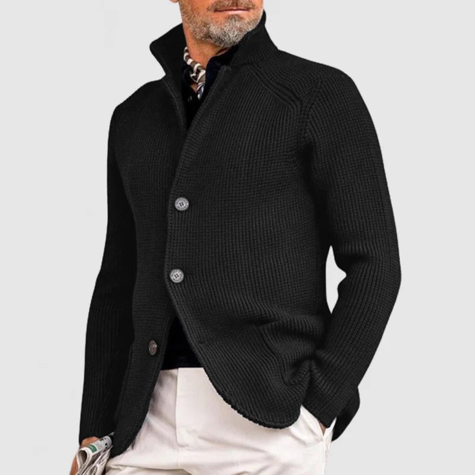 Noah 2 | Men's Stand Collar Button-Front Knit Cardigan - Black