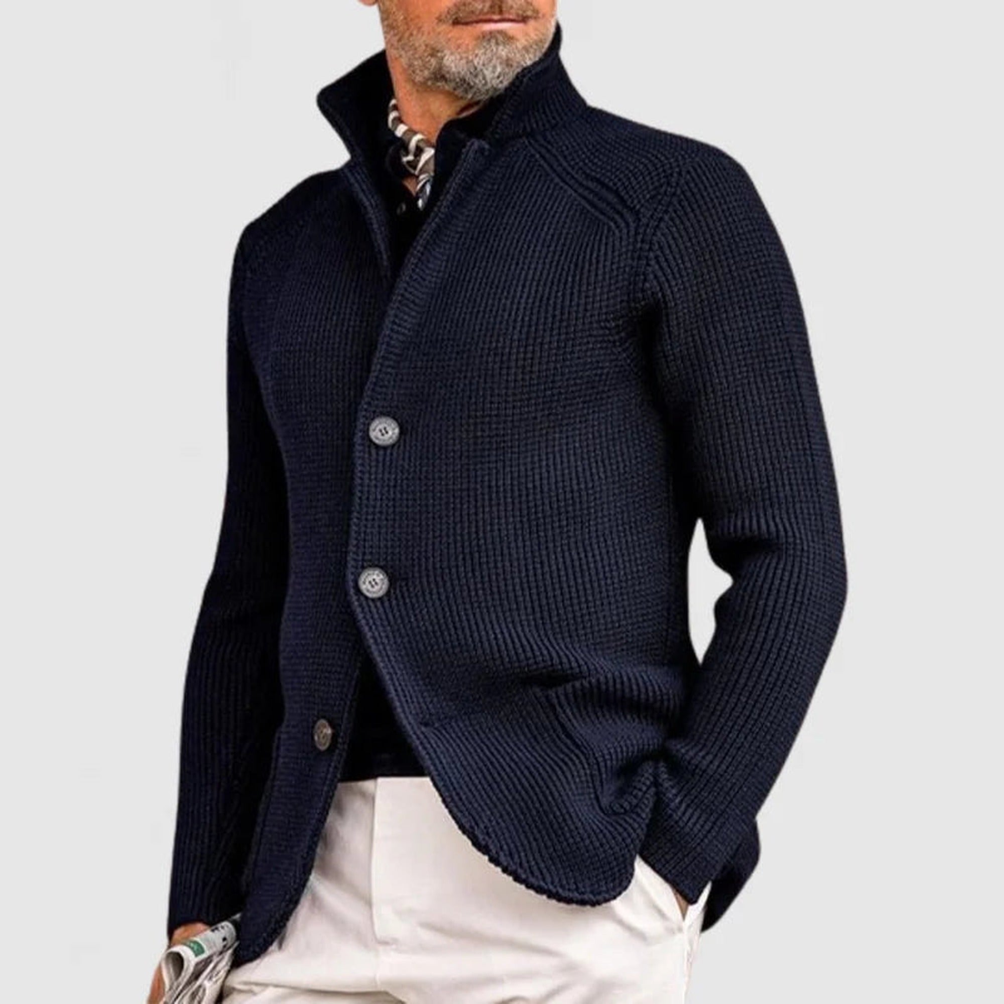 Noah 2 | Men's Stand Collar Button-Front Knit Cardigan - Blue