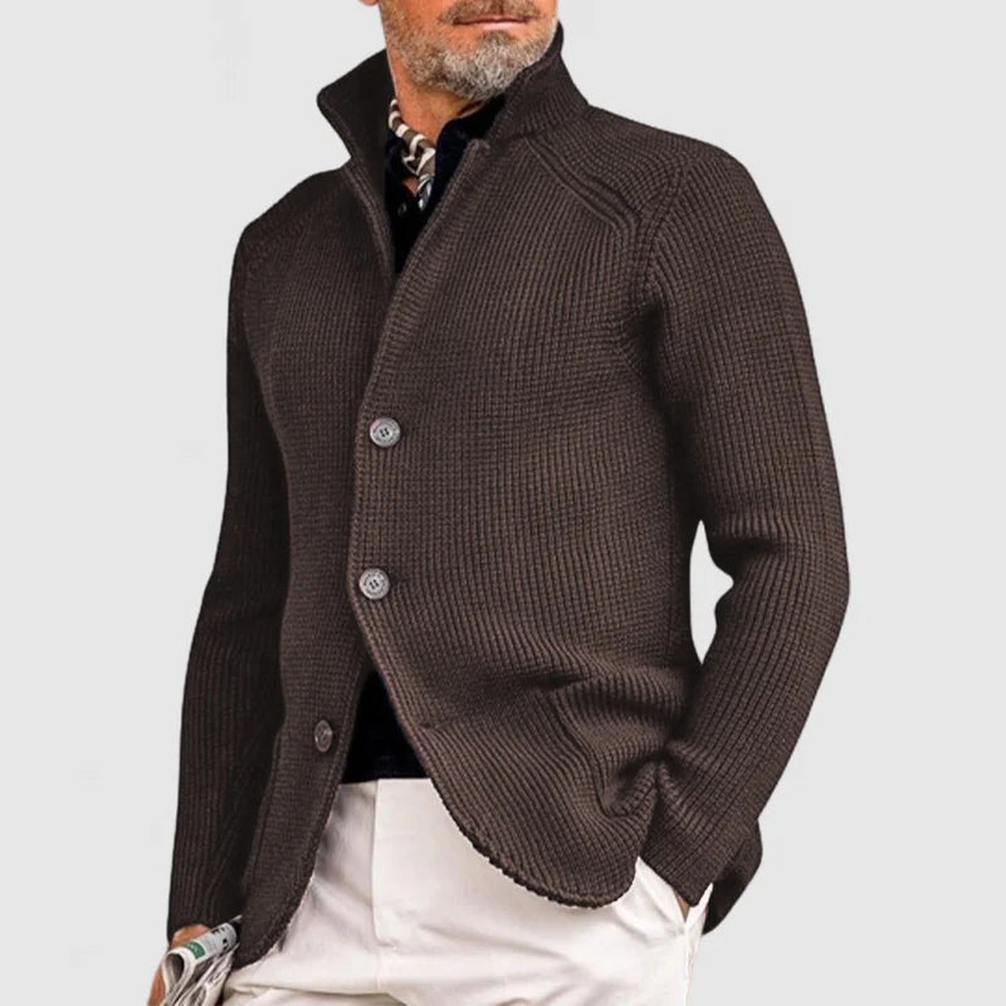 Noah 2 | Men's Stand Collar Button-Front Knit Cardigan - Brown