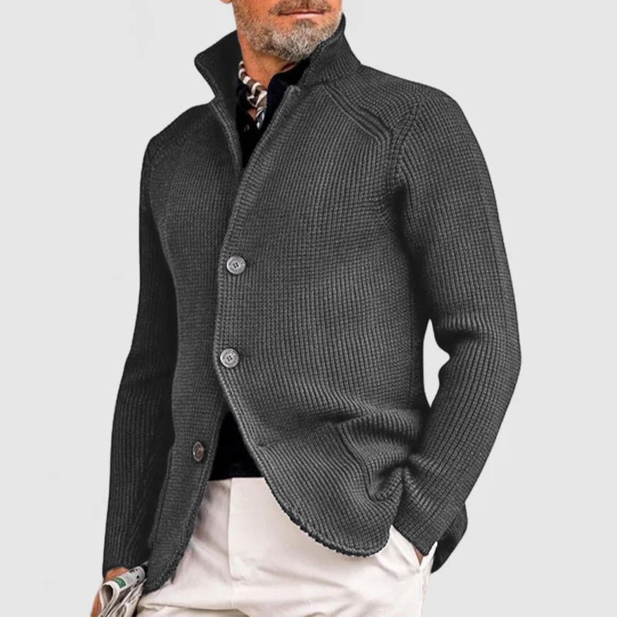 Noah 2 | Men's Stand Collar Button-Front Knit Cardigan - Gray