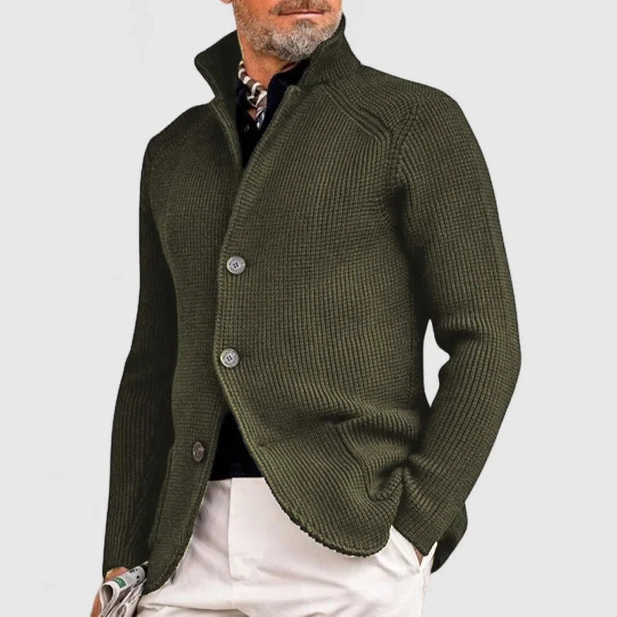 Noah 2 | Men's Stand Collar Button-Front Knit Cardigan - Green