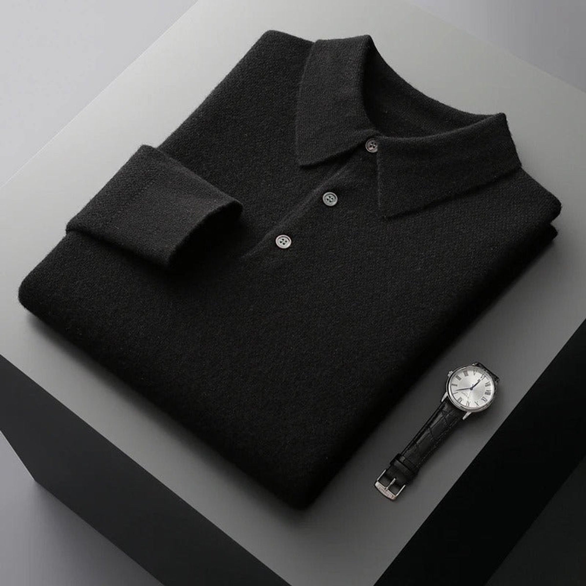 Jonah | Men's Cashmere Polo Knit Sweater Long Sleeve Button Collar Pullover - Black