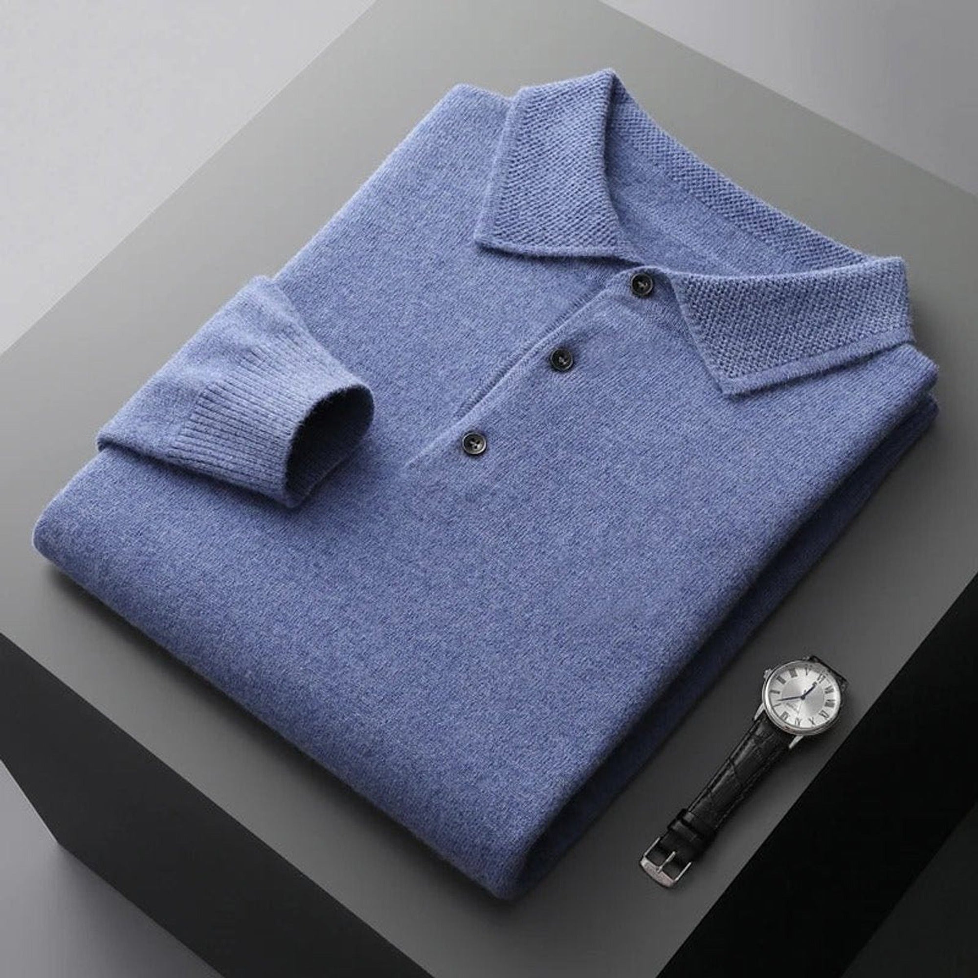 Jonah | Men's Cashmere Polo Knit Sweater Long Sleeve Button Collar Pullover - Blue