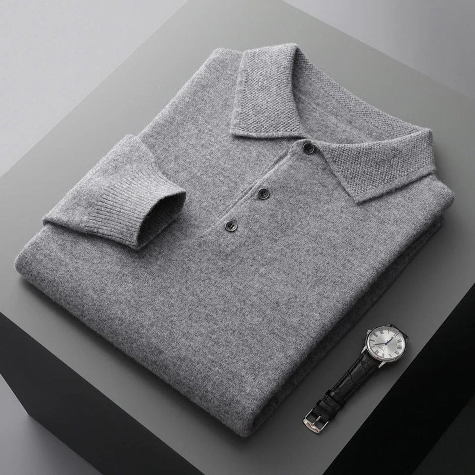 Jonah | Men's Cashmere Polo Knit Sweater Long Sleeve Button Collar Pullover - Gray