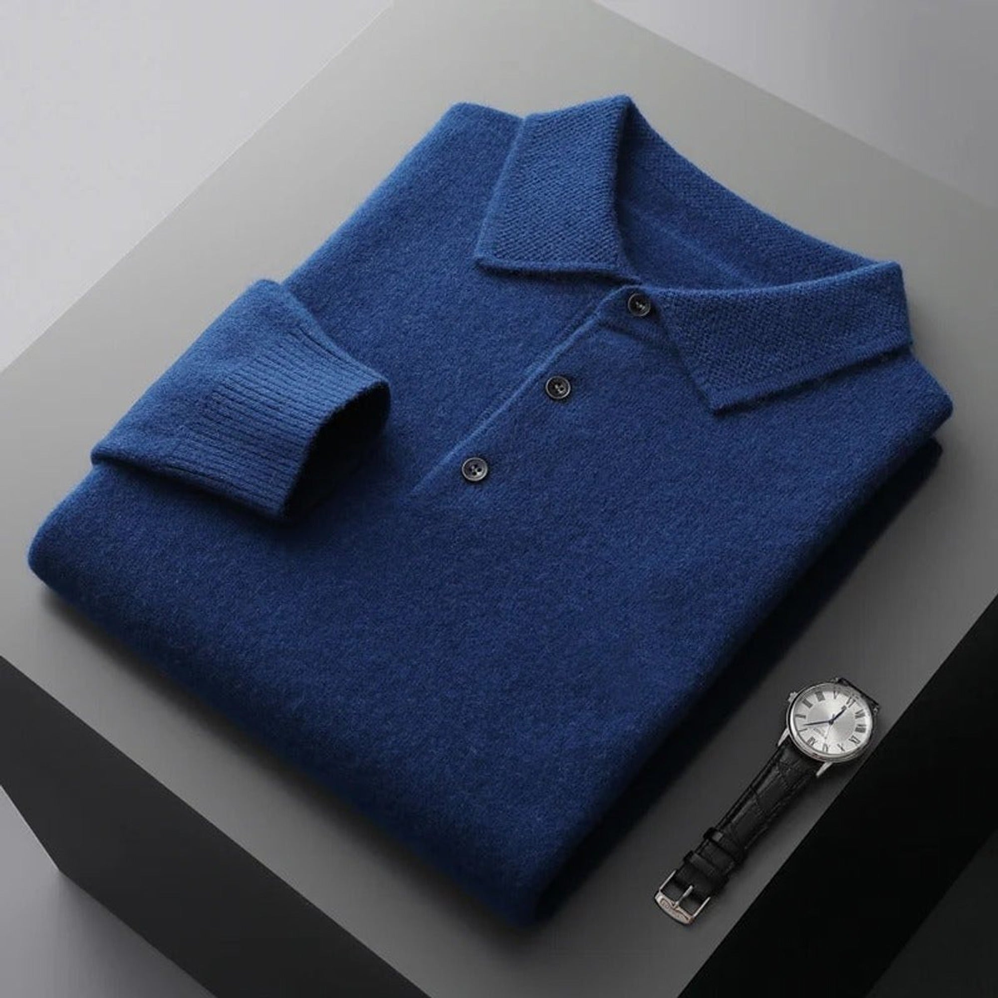 Jonah | Men's Cashmere Polo Knit Sweater Long Sleeve Button Collar Pullover - Navy Blue