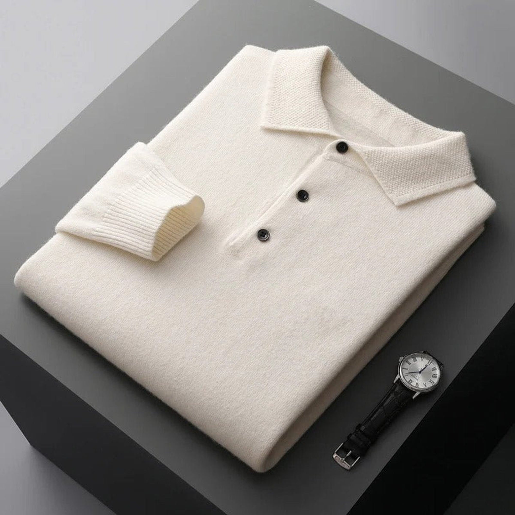 Jonah | Men's Cashmere Polo Knit Sweater Long Sleeve Button Collar Pullover - White