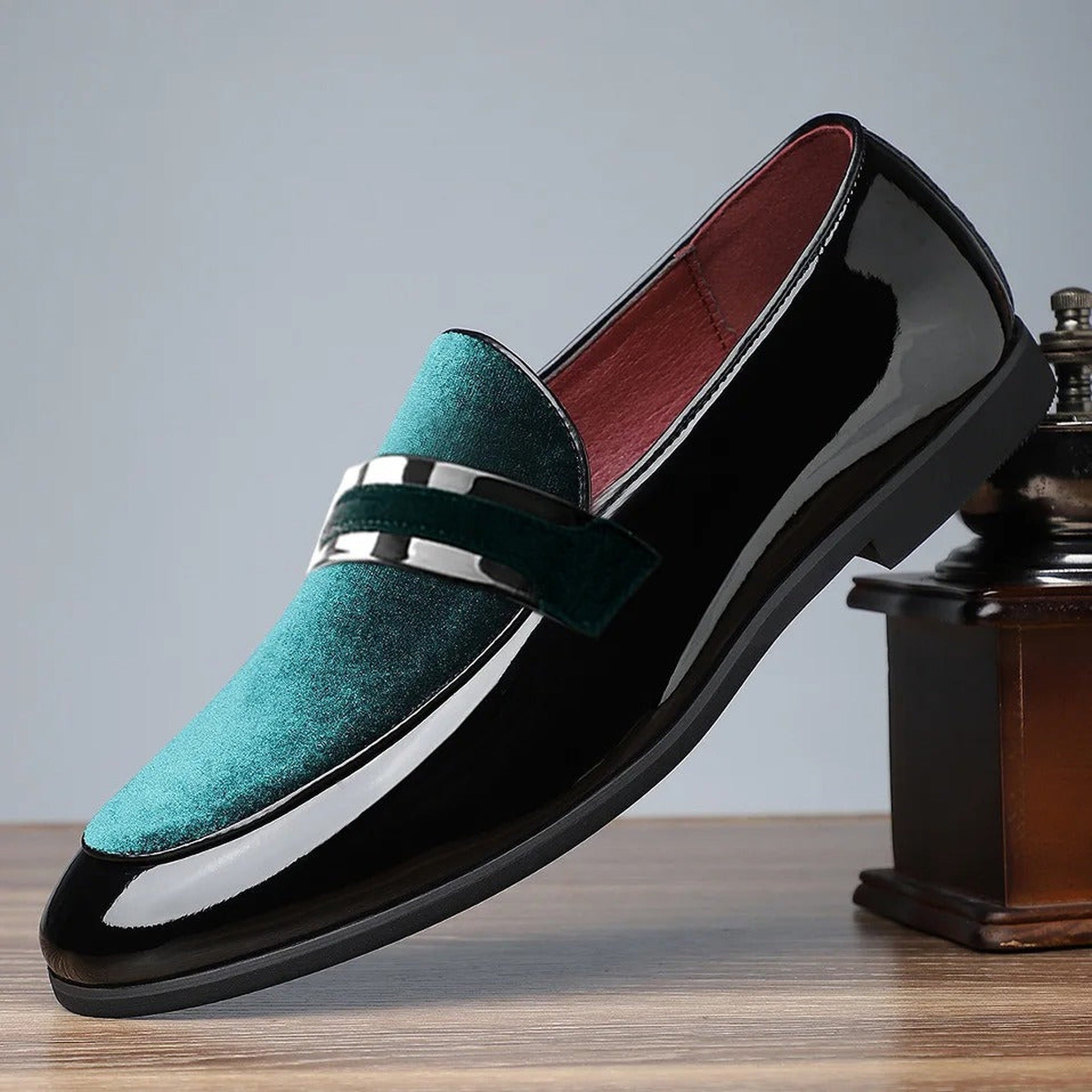Oliver 2 | Men's Penny Loafers Italian Leather Suede Detail Slip-On - Green Black