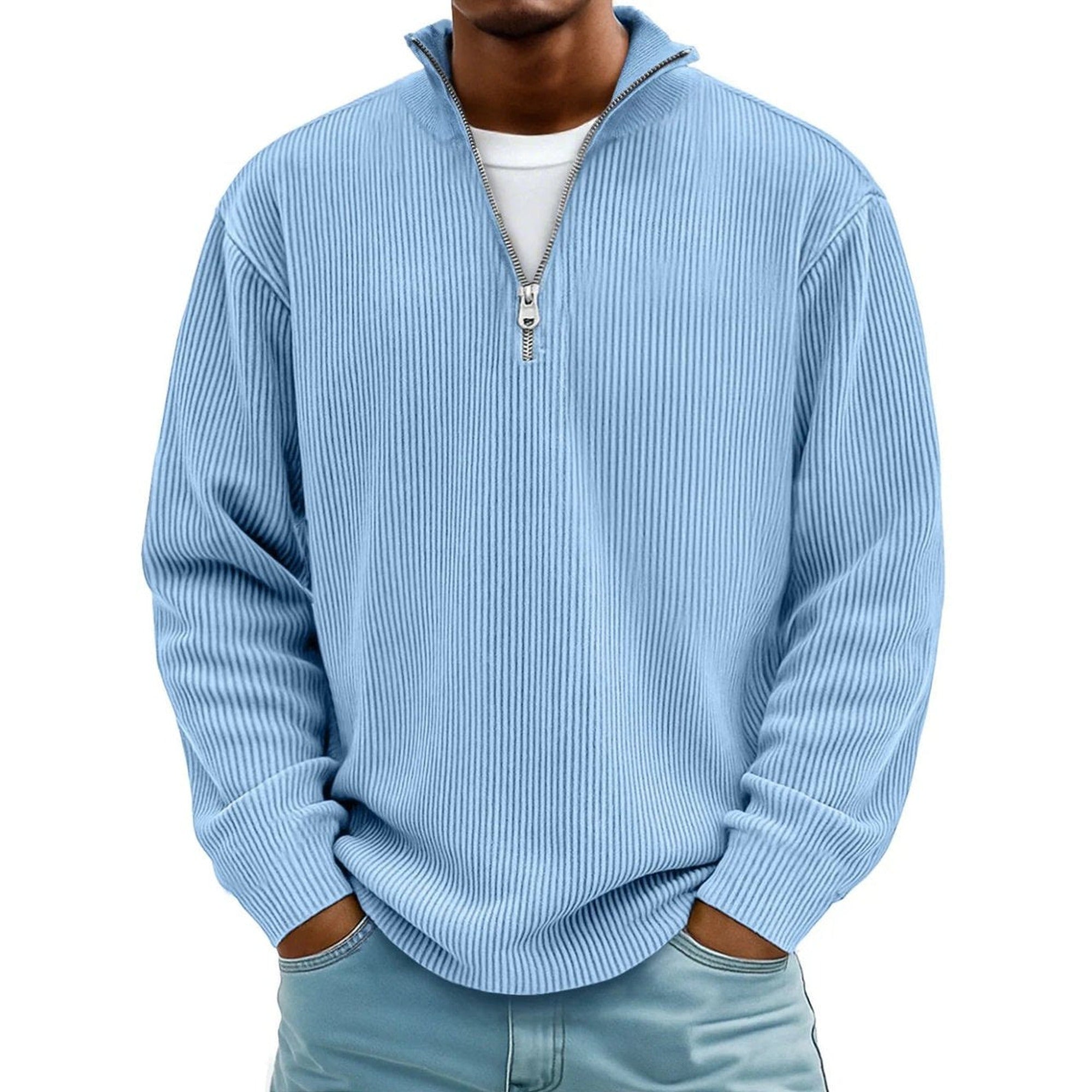 Harvey | Men's Ribbed Knit Sweater Quarter-Zip Pullover - Blue