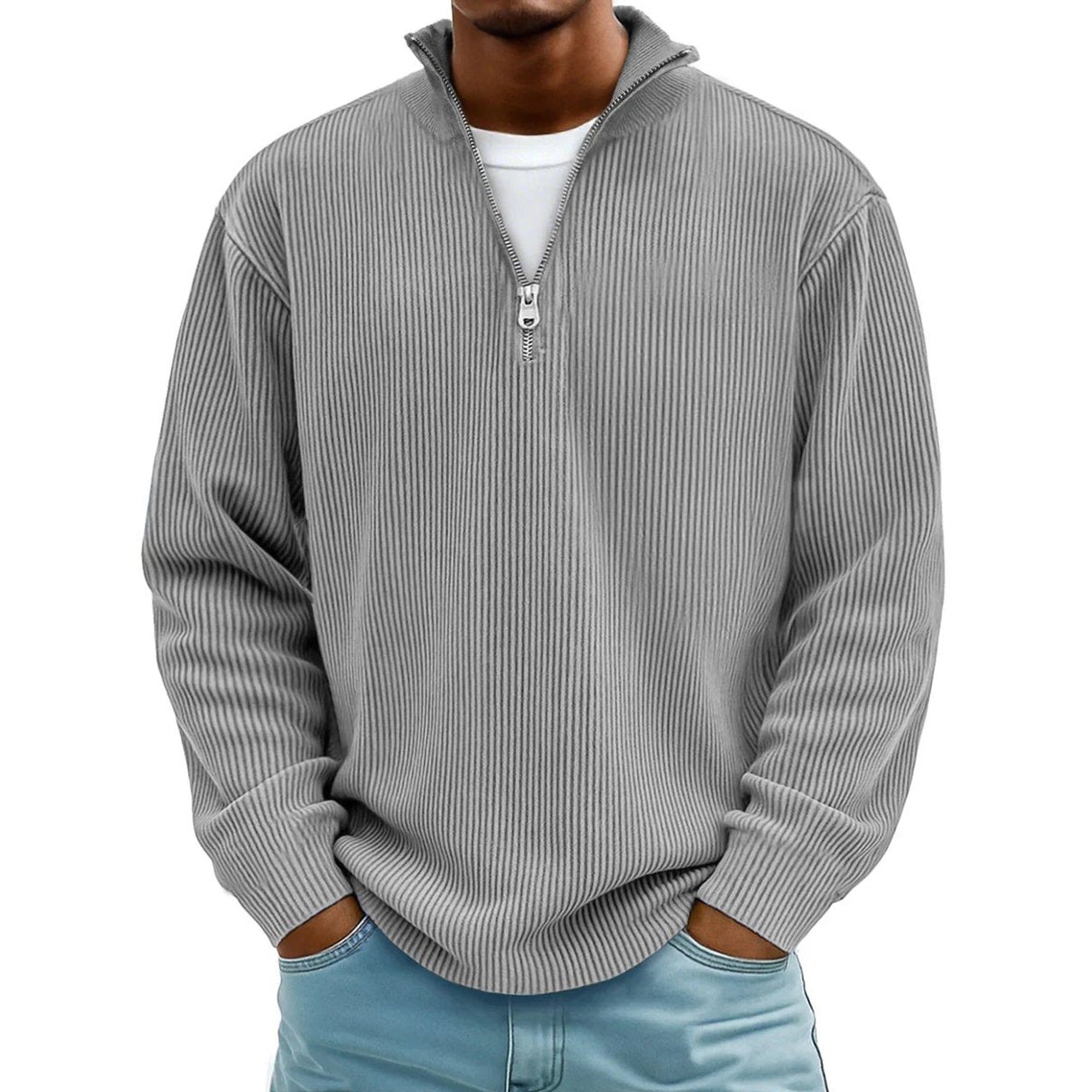 Harvey | Men's Ribbed Knit Sweater Quarter-Zip Pullover - Gray